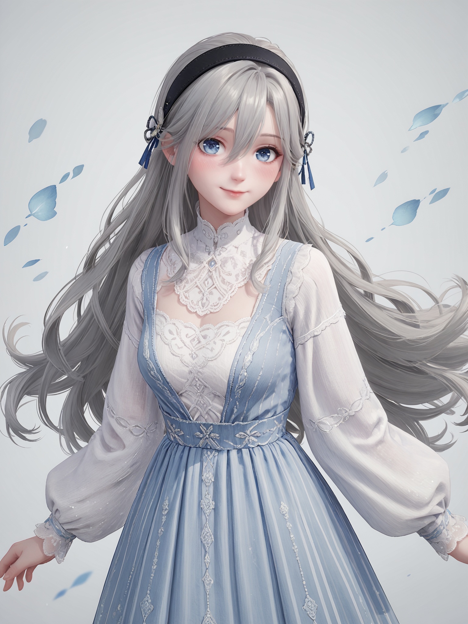 score_10,score_9,score_8_up,score_7_up,1girl,solo,long hair,grey hair,looking at viewer,hairband,closed mouth,hair intakes,black hairband,dress,hair between eyes,smile,floating hair,long sleeves,blush,breasts,blue eyes,white shirt,