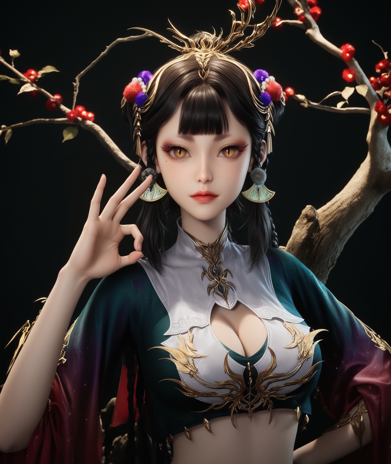 (score_9),masterpiece,best quality,absurdres,highres,BREAK(glamor:1.1),slender,white_skin,(fair_skin:1.1),collarbone,(large breasts),puffy chest,cleavage,<lora:仙清儿-ill:0.83>,1girl,solo,black hair,braid,hair ornament,long hair,earrings,slit pupils,brown eyes,mole under eye,bangs,looking at viewer,(upper body),ok sign,BREAKblack background,branch,twig,