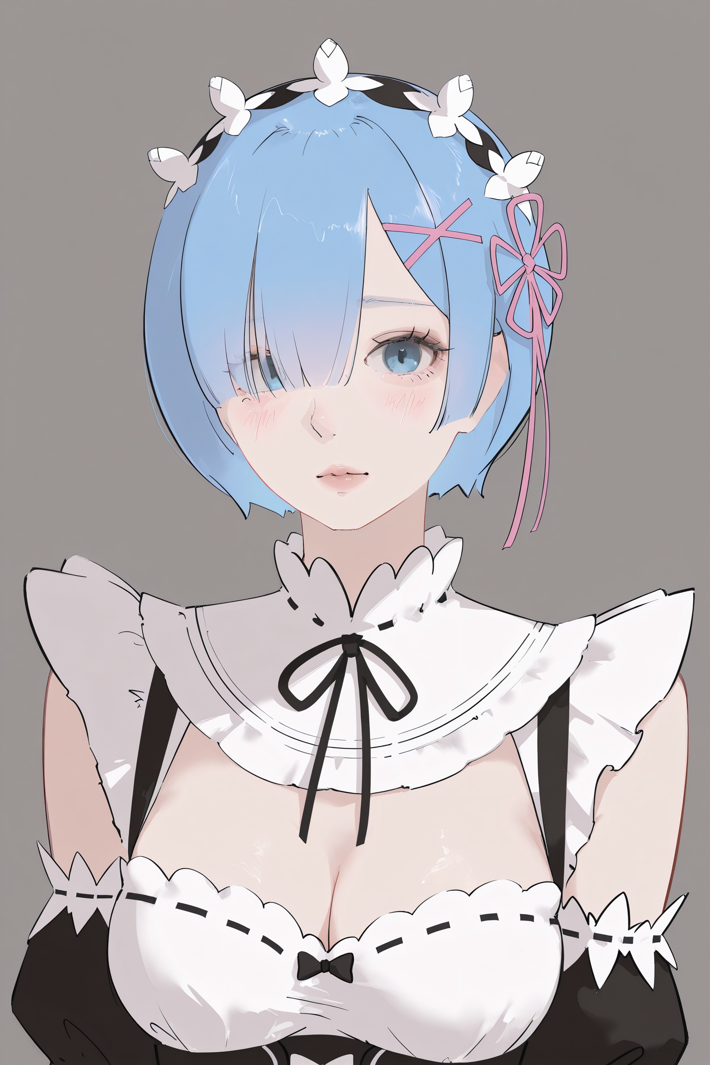 Chikitama Style,l1girl,solo,rem \(re:zero\),blue hair,short hair,blue eyes,roswaal mansion maid uniform,breasts,cleavage,hair ornament,maid,detached sleeves,looking at viewer,medium breasts,hair over one eye,x hair ornament,ribbon,upper body,maid headdress,hair ribbon,blush,ribbon trim,frills,ribbon-trimmed clothes,pink ribbon,sketch,<lora:Chikitama_illustriousXL:1.2>,