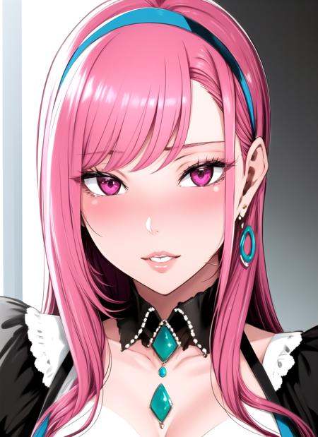 1girl, pink hair, solo, looking at viewer, blush, jewelry, hairband, earrings, parted lips <lora:FeiMaidoll:0.7>