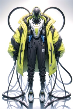 No human, solo, sci-fi, robot, full body side, black gold costume, black gold pants, black gold cable, cable, tube, jacket, wire