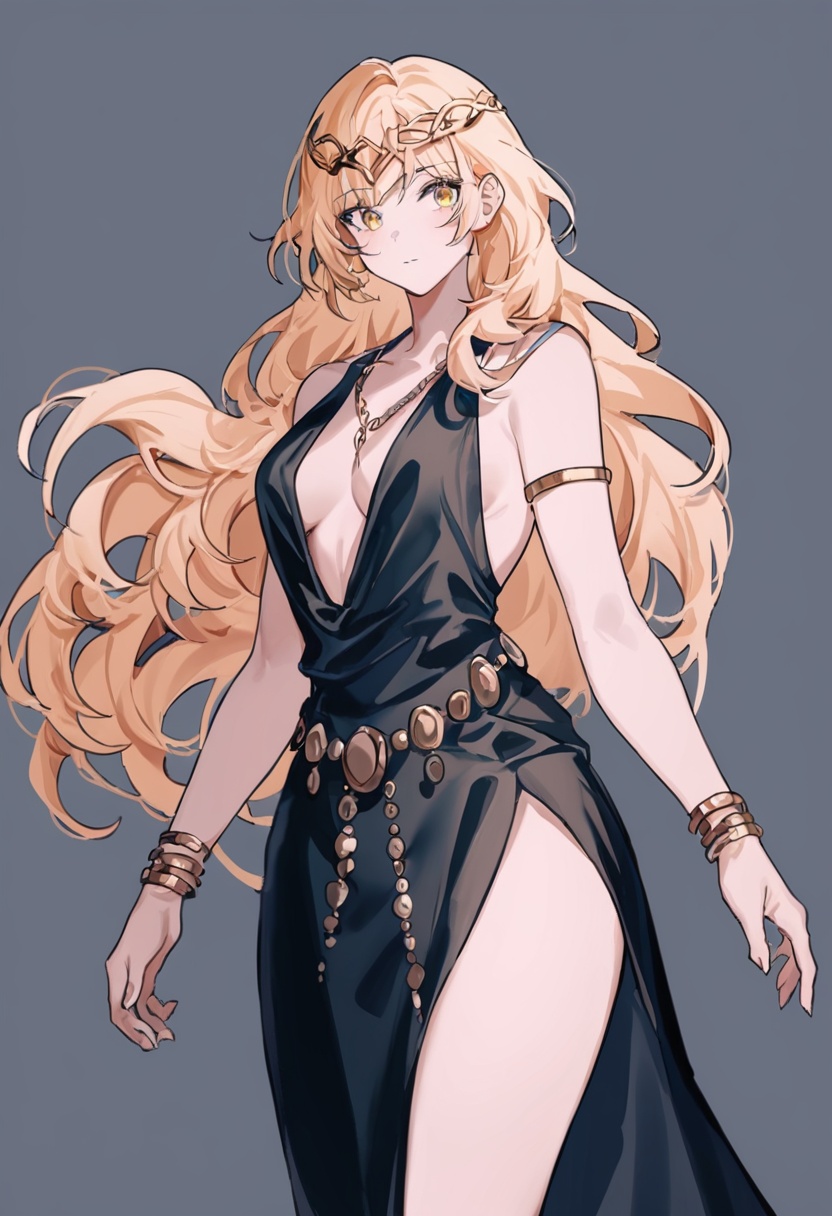 1girl,ask \(askzy\), torino aqua, migolu, (jiu ye sang:1.1), (rumoon:0.9), (mizumi zumi:1.1),black dress with gold details,deep v-neckline,gold crown,gold necklace.gold armlets,gold bracelets,gold chain belt,gold chain accessories on legs,golden eyes,braided blonde hair,grey background,cowboy shot,masterpiece, best quality,newest, absurdres, safe <lora:Elden Ring-Marika_v1.0:1>