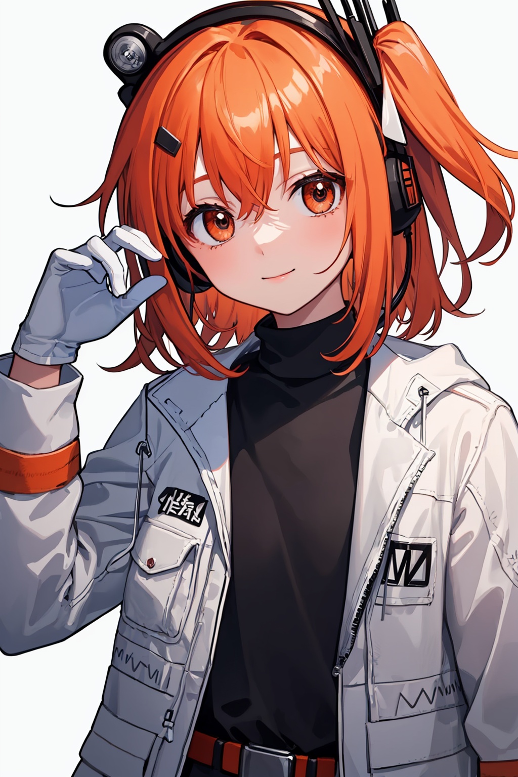 masterpiece,best quality, highly detailed, 1girl,adachi rei,black shirt,closed mouth,looking at viewer,open jacket,parka,radio antenna,simple background,solo,turtleneck,upper body,white jacket,headset,white background,microphone,smile,white gloves,hand up,mechanical eye,expressionless,long sleeves,<lora:adachi_rei:1>