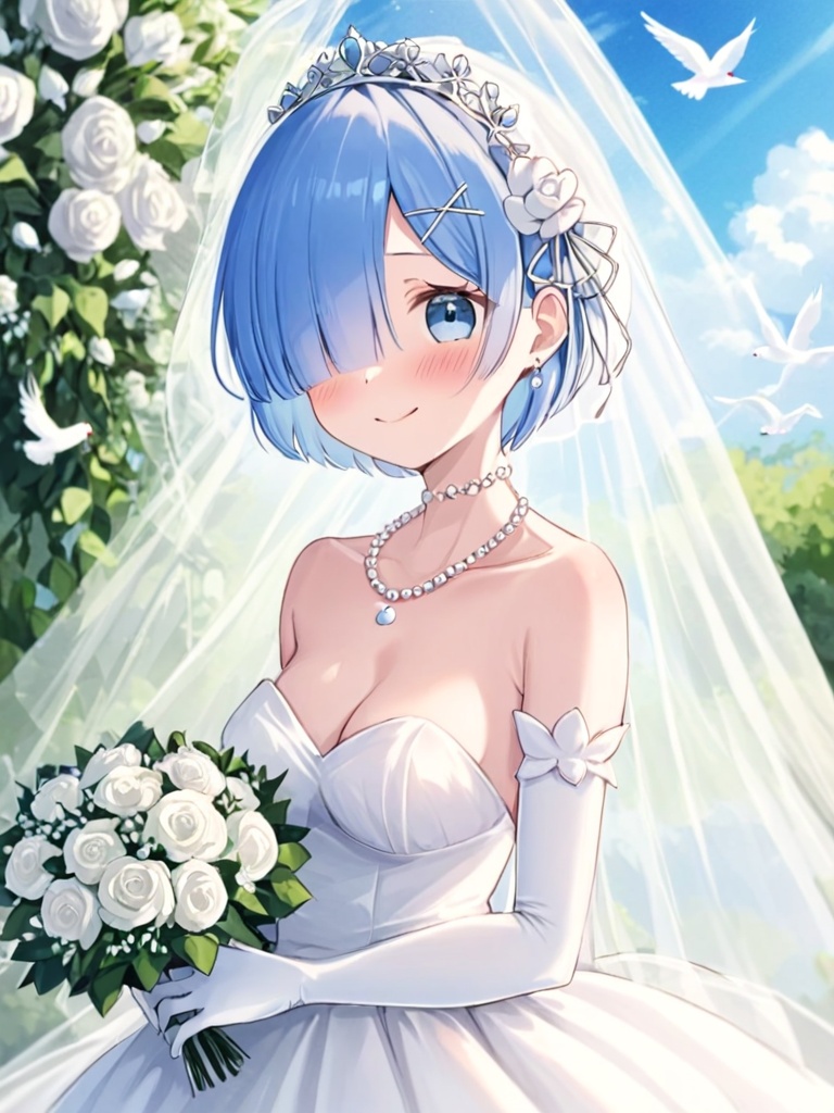 <lora:rem:1>,rem_\(re:zero\),1girl,wedding_dress,dress,jewelry,bouquet,flower,bridal_veil,blue_hair,short_hair,solo,veil,holding,earrings,blue_eyes,necklace,hair_ornament,holding_bouquet,gloves,smile,hair_over_one_eye,blush,looking_at_viewer,breasts,collarbone,x_hair_ornament,elbow_gloves,outdoors,bird,white_flower,white_dress,bride,bare_shoulders,day,from_side,white_gloves,bangs,sky,tiara,strapless,rose,alternate_costume,closed_mouth,strapless_dress,blue_sky,pearl_necklace,dove,cloud,