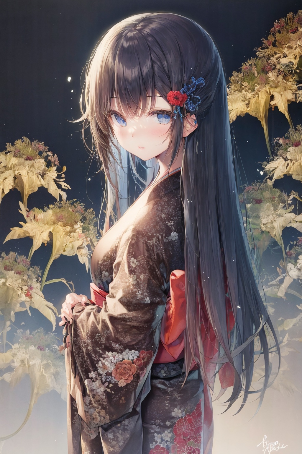 <lora:艺术家_みわべさくら1:1>, blue theme,Ultramarine,1girl,flower,spider lily,solo,black hair,(((Hide Hands))),red flower,long hair,from behind,black background,japanese clothes,kimono,facing away,signature,simple background,black kimono,floral print,sash,crossed arms,see-through,print kimono,long sleeves,light particles,obi,cowboy shot,nape