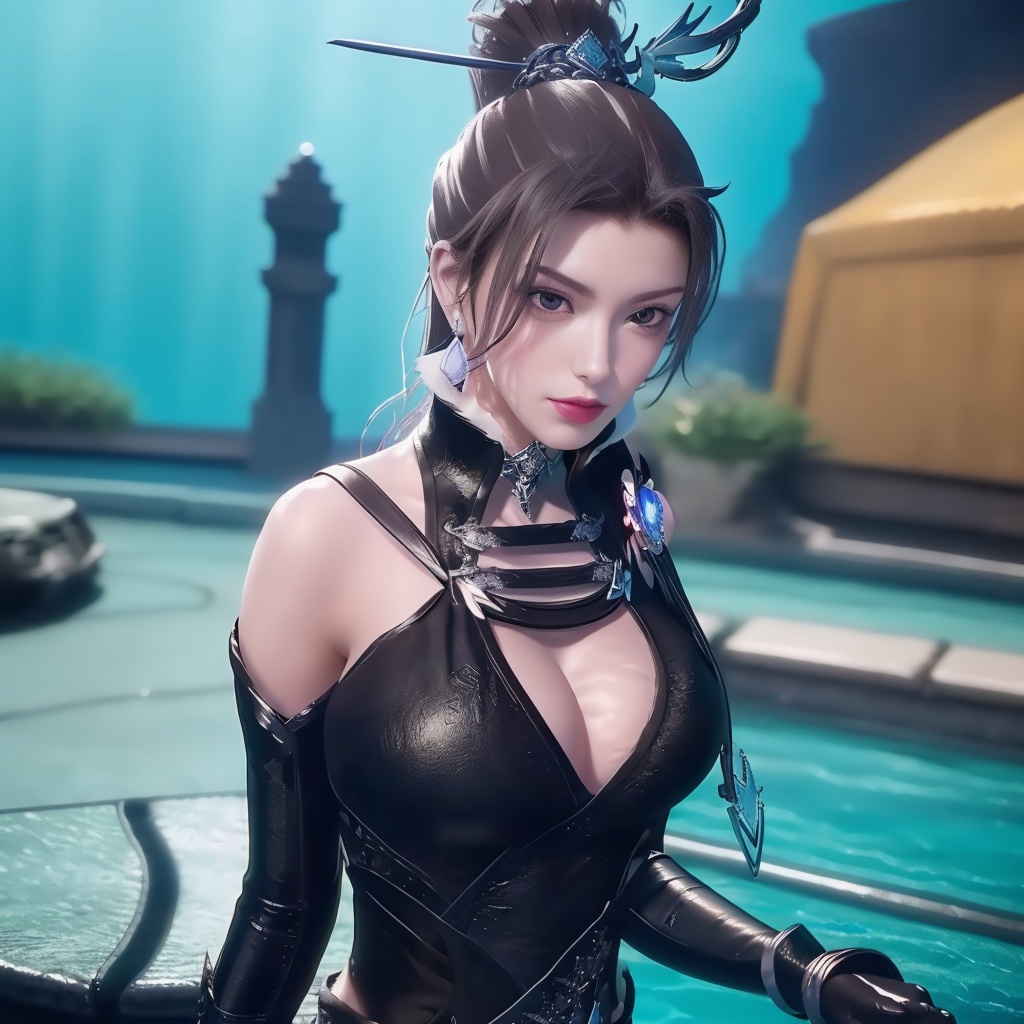 <lora:万界至尊-李雪衣-皮衣:0.8>, (,1girl, ,best quality, ),looking at viewer,masterpiece, ((((, solo,  , ,solo focus, ,underwater, )))) ,ultra realistic 8k cg,   clean, masterpiece,     cinematic lighting, cinematic bloom,  (( , )),, , unreal, science fiction, luxury, jewelry, diamond, gold, pearl, gem, sapphire, ruby, emerald, intricate detail, delicate pattern, charming, alluring, seductive, erotic，(sit), , enchanting, hair ornament, necklace, earrings, bracelet, armlet,,(cleavage),,