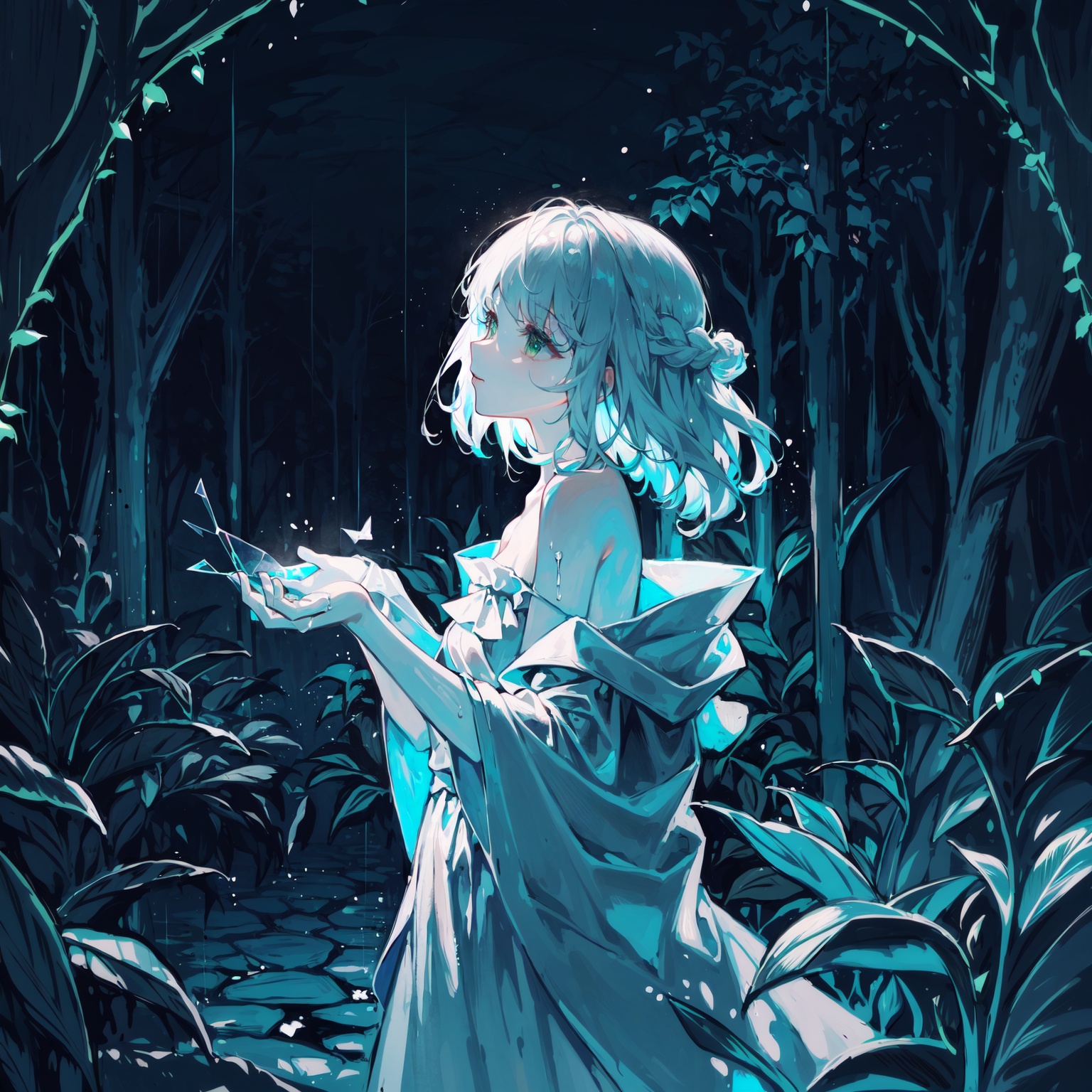 late at night,dark, light rain,dark, (((green, silver, glimmer)), limited palette, contrast, phenomenal aesthetic, best quality, sumptuous artwork, (masterpiece), (best quality), (ultra-detailed), (((illustration))), ((an extremely delicate and beautiful)), (detailed light), light rain,dark,(((camellia))), camellia, camellia,vines, forest, ruins, Blurred picture, lens flare, hdr, Tyndall effect,damp,wet, 1girl, bare shoulders, broken glass, broken wall, white hair, blinking, white dress, closed mouth, constel lation, flat color, braid, blinking, white robe, float, closed mouth, constel lation, flat color, looking up, standing, medium hair, standing, solo