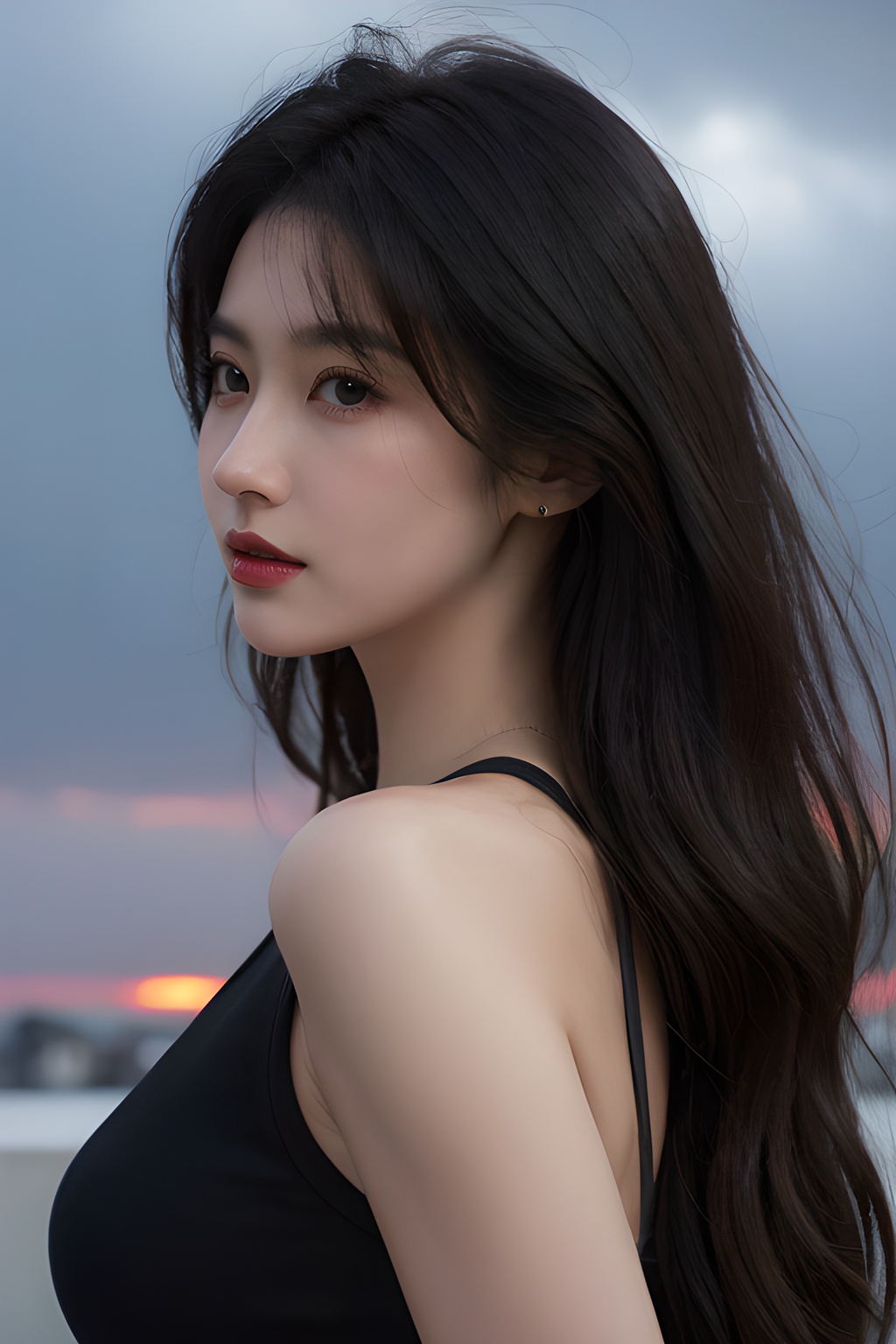 <lora:0813_04:0.7>,Frontal photography,Look front,evening,dark clouds,the setting sun,On the city rooftop,A 20 year old female,Black top,Black Leggings,black hair,long hair, dark theme, muted tones, pastel colors, high contrast, (natural skin texture, A dim light, high clarity) ((sky background))((Facial highlights)),, 1girl,realistic,masterpiece, best quality, photorealistic, HDR,detail