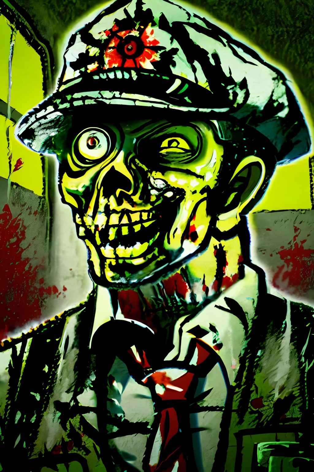 anzhiju_style, a drawing of a zombie with a knife in his hand and a hat on his head and a green background, solo, 1boy, hat, male focus, necktie, uniform, blood, microphone, zombie, train interior, horror \(theme\), smile, teeth, red necktie, blood on face