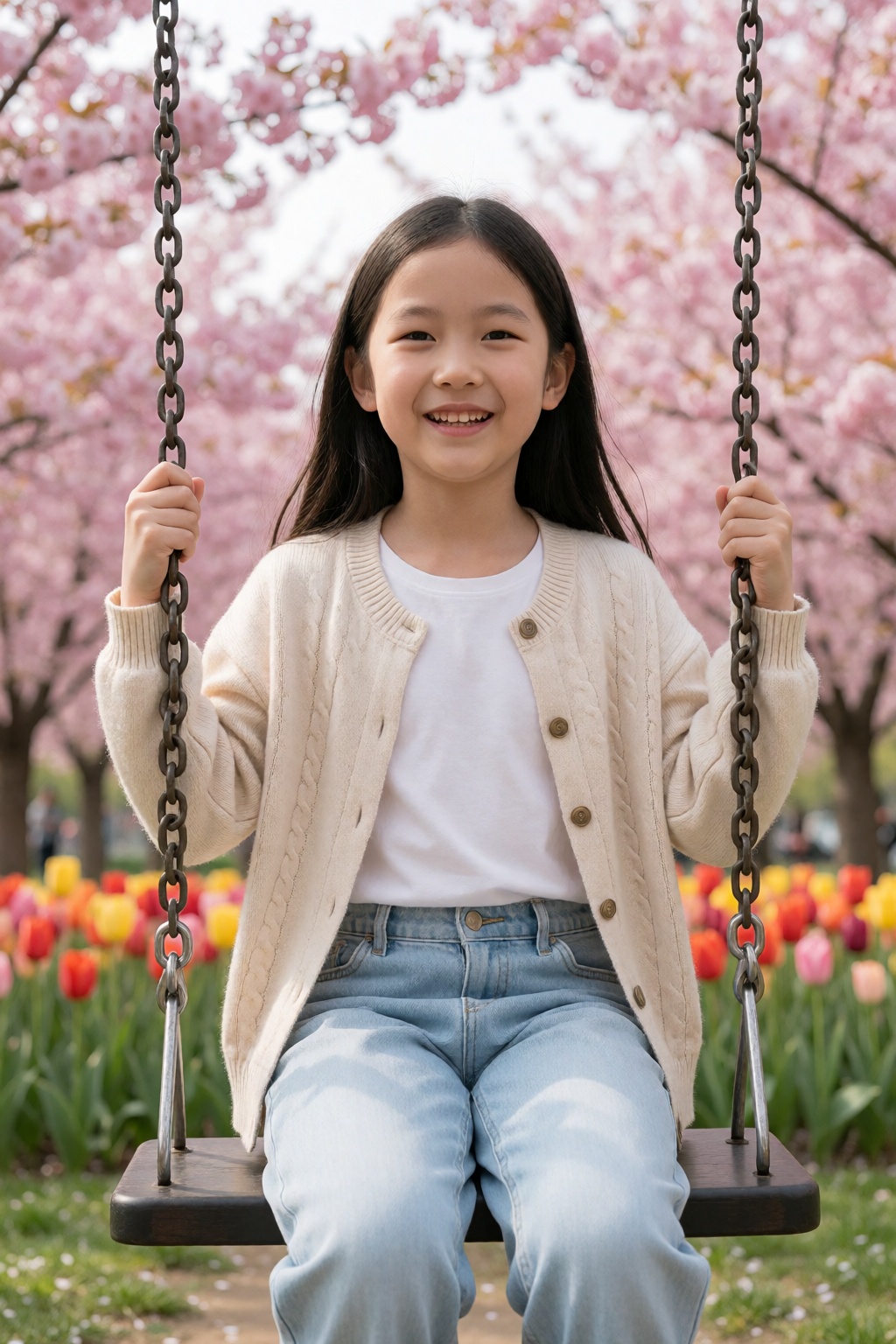 In the photo,  a smiling girl with fair skin,  long black hair on Tensor.Art