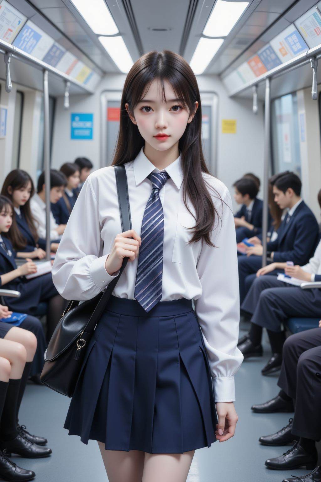 a young girl standing in what appears to be a train or subway carriage. She is wearing a white blouse with long sleeves and a striped tie, paired with a navy blue pleated skirt. She has a black shoulder bag and is holding the strap with one hand. Her hair is long and straight, and she is looking directly at the camera. In the background, there are other passengers seated, some of whom are also wearing school uniforms. The carriage is well-lit, and there are signs and advertisements visible on the walls. The overall setting suggests a public transportation environment.