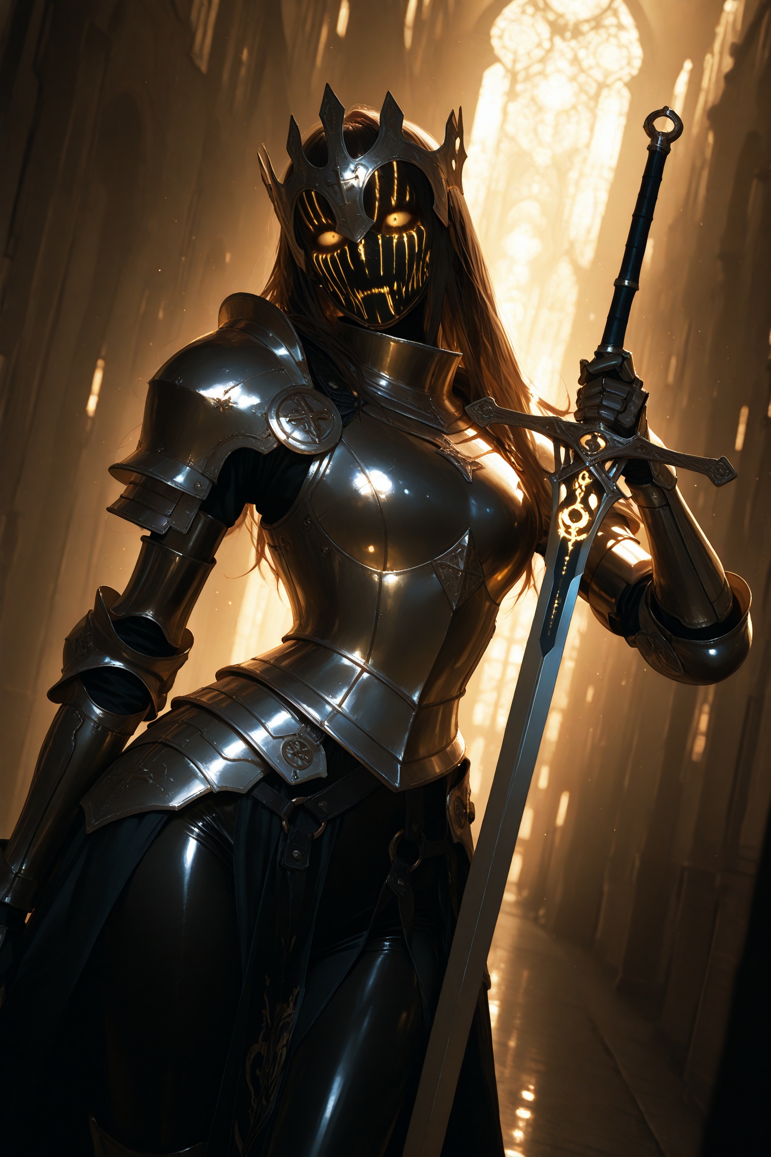masterpiece,best quality,amazing quality,very aesthetic,absurdres,newest,extreme aesthetic,in the style of fashion photography,light particles,cinematic lighting,Visual impact,sharp focus,Emotionalization,depth of field,dutch angle,scenery,intense light,golden light in the dark,girl holding the sword,tight armor,intricate textures,real metal material,