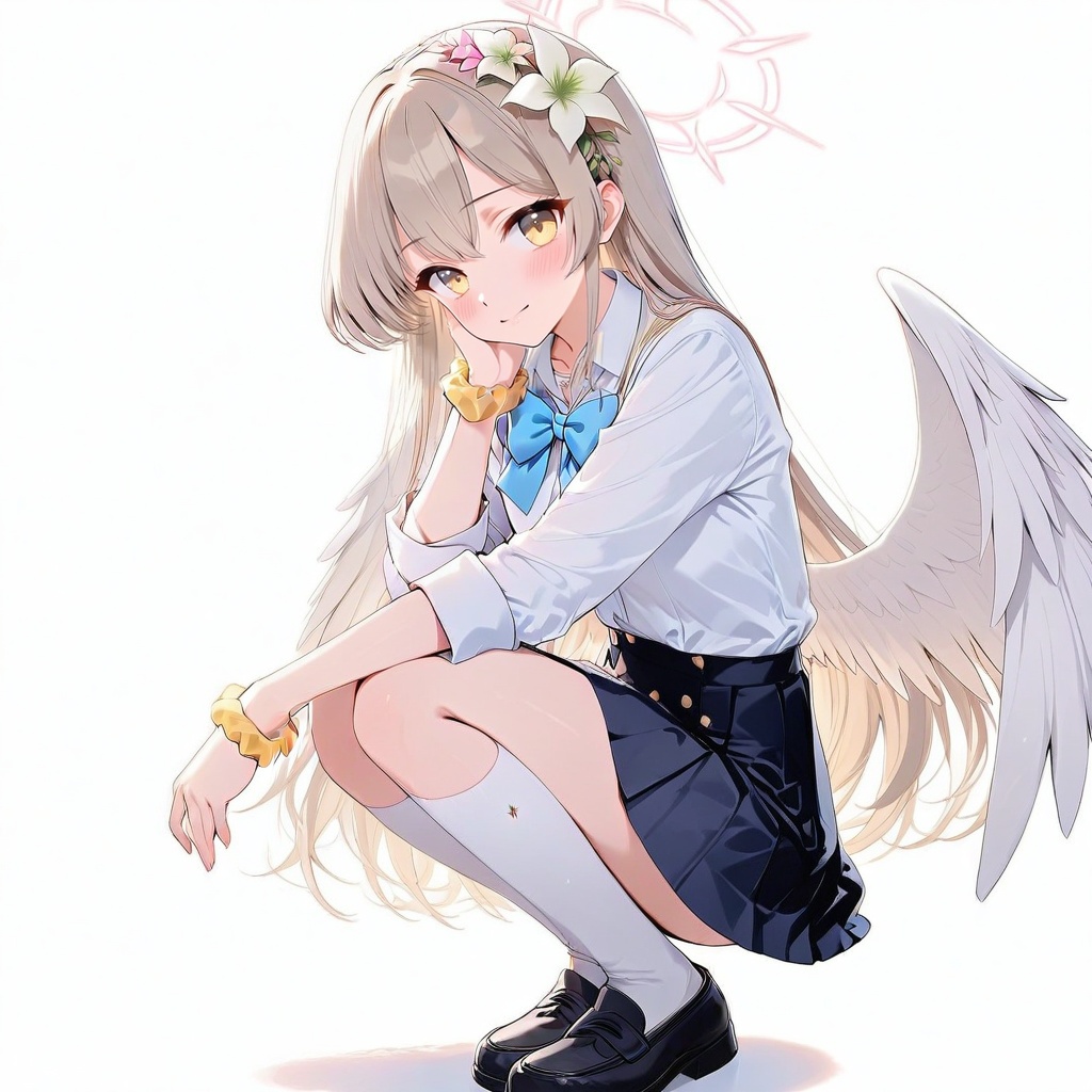 O,nagisa (blue archive),nagisa (blue archive),1girl,solo,halo,flower,skirt,hair flower,wrist scrunchie,hair ornament,wings,scrunchie,long hair,squatting,socks,white background,school uniform,black socks,black footwear,shirt,bow,blush,bowtie,simple background,shoes,looking at viewer,kneehighs,white shirt,yellow eyes,pleated skirt,hand on own face,full body,loafers,bangs,long sleeves,blue bowtie,blue bow,hand on own cheek,closed mouth,blue skirt,white wings,black skirt,light brown hair,(UHD),anatomically correct,accurate,textured skin,super detail,high details,award winning,best quality,high quality,retina,HD,16k,1080P,