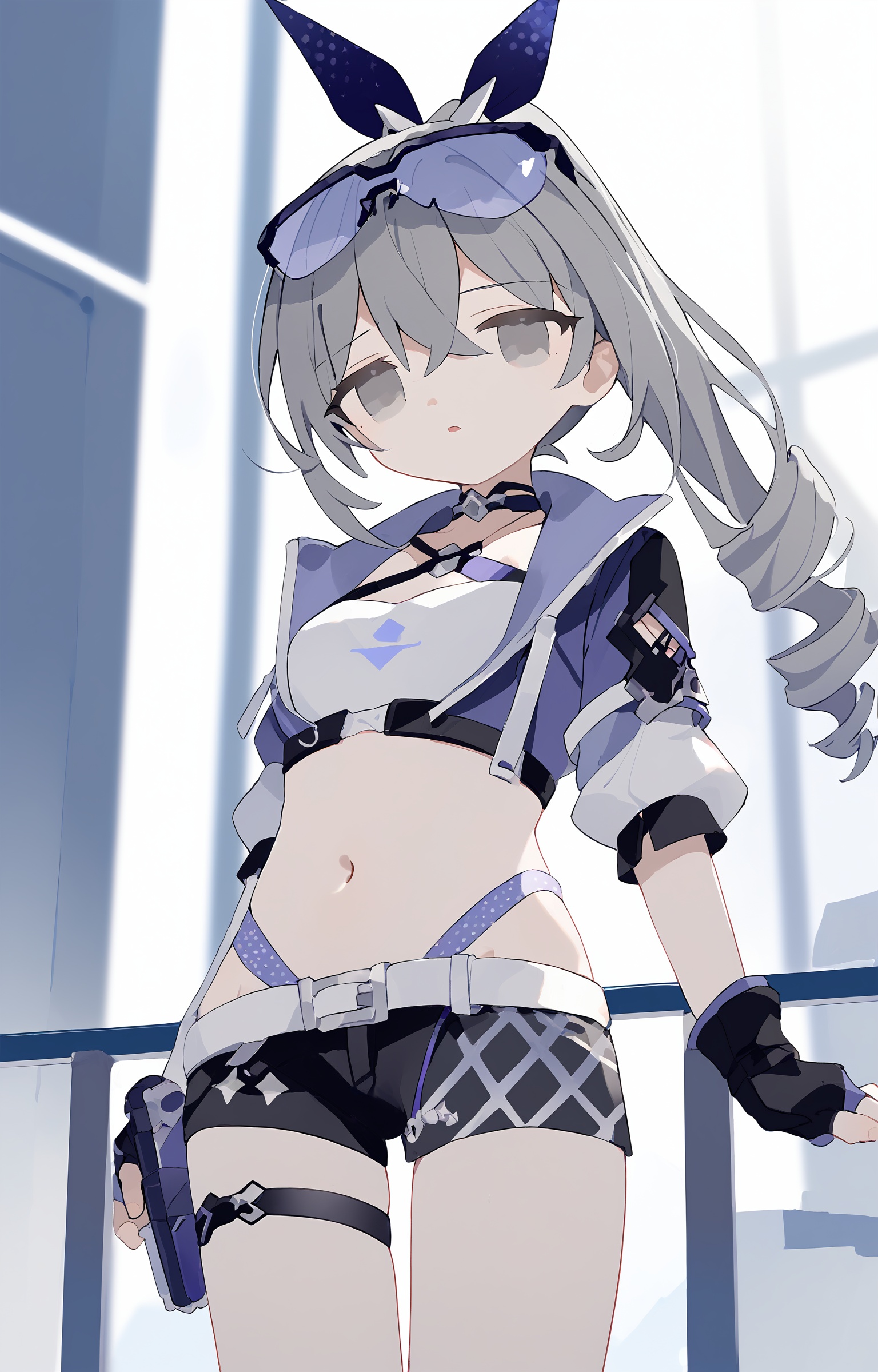 <lora:silverwolfponyxl:0.89>,1girl,silver wolf \(honkai: star rail\),honkai \(series\),small breasts,long hair,ponytail,drill hair,eyewear on head,crop top,black shorts,fingerless gloves,cropped jacket,white belt,choker,thigh strap,navel,grey eyes,<lora:6.1:1>,, (masterpiece, best quality),cinematic lighting,expressive eyes,(score_9,score_8_up,score_7_up),