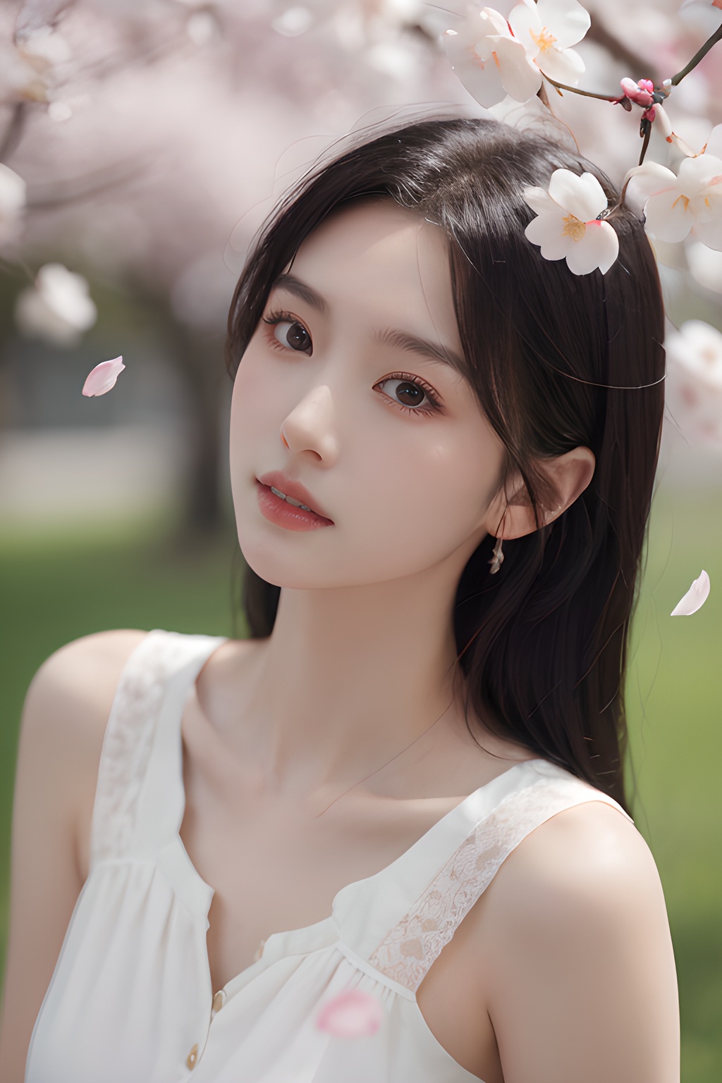 <lora:0810_01:0.7>,a girl with a dreamy expression,surrounded by floating cherry blossom petals in a soft breeze,springtime magic,gentle radiance.korean girl,black hair,, 1girl,realistic,masterpiece, best quality, photorealistic, HDR,detail
