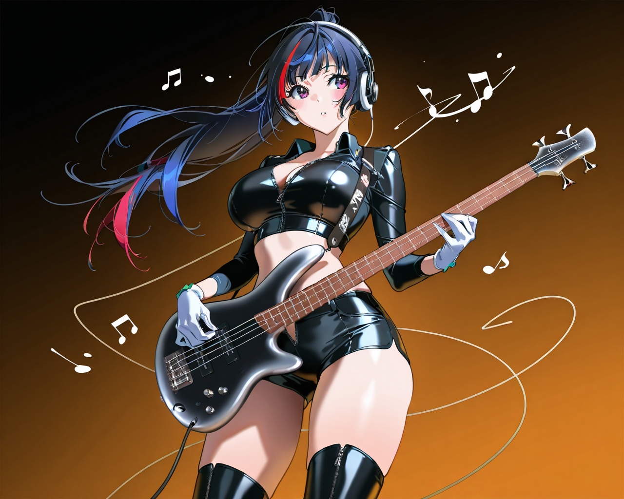 (1woman playing bass guitar),solo,standing,front angle,dynamic pose,big breasts,beautiful eyes,streaked hair,long ponytail,Open collar,glossy black leather long Sleeve bare hip unzipped cutouts on sides crop top,very short,dark leather shorts,white gloves,lovestruck,headphone,thighboots,musical notes,textures,detailed texture,very detailed face,masterpiece,best quality,good quality,very awa,very aesthetic,absurdres,newest,artist:yoneyama mai,<lora:cora:1>,