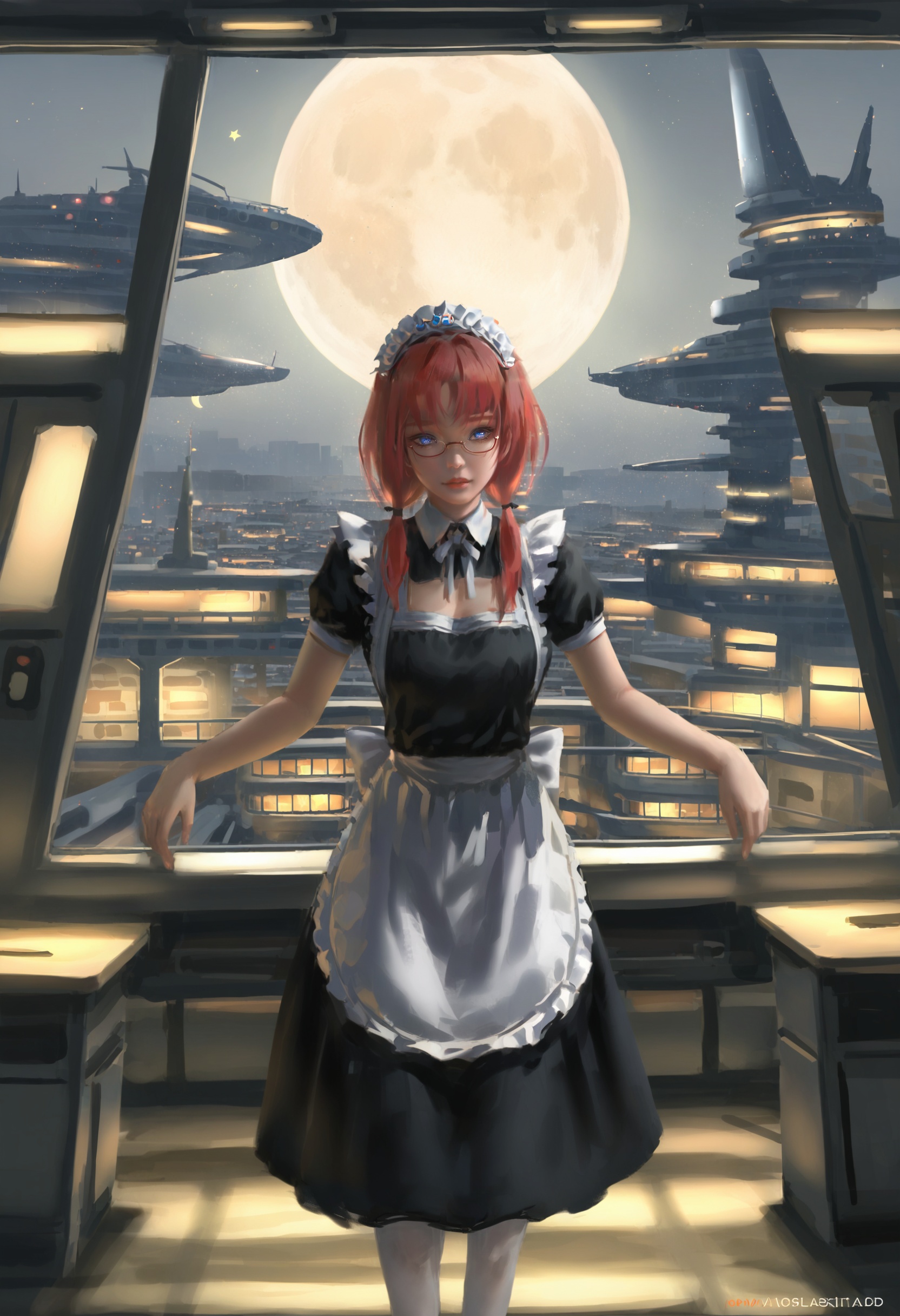 masterpiece, best quality,1girl,   realistic, solo, white pantyhose, red hair, maid, scenery, window, star, (sky:1.1), moon, maid headdress, twintails, glasses, night sky, star \(symbol\), dress, pantyhose, cityscape, blue eyes, maid apron, building, night, black dress, city, space station, apron, low twintails <lora:wlopXLlokr4f-000187:0.95>
