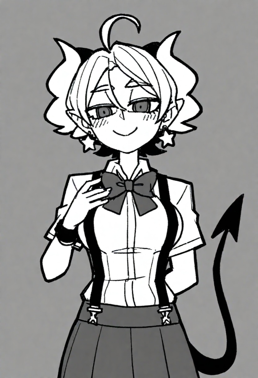 1girl,qk3, tail, horns, greyscale, monochrome, jewelry, solo, black background, earrings, star \(symbol\), demon girl, demon tail, bowtie, smile, demon horns, short hair, bow, shirt, looking at viewer, simple background, star earrings, standing, skirt, cowboy shot, pointy ears, wristband, blush, parted bangs, virtual youtuber, ahoge, collared shirt, hand on own chest, vest, official alternate costume, closed mouth,A young girl with shoulder-length hair styled in a cat-like manner. she is wearing a school uniform with a black bow tie and suspenders. the outfit has a high neckline and short sleeves. the girl has two large ears on either side of her head, which are pointed upwards. she has a small nose and mouth, and her eyes are closed as if she is deep in thought. the background is plain black.masterpiece, best quality, newest, absurdres, safe<lora:okra_v2.5-000030:1>