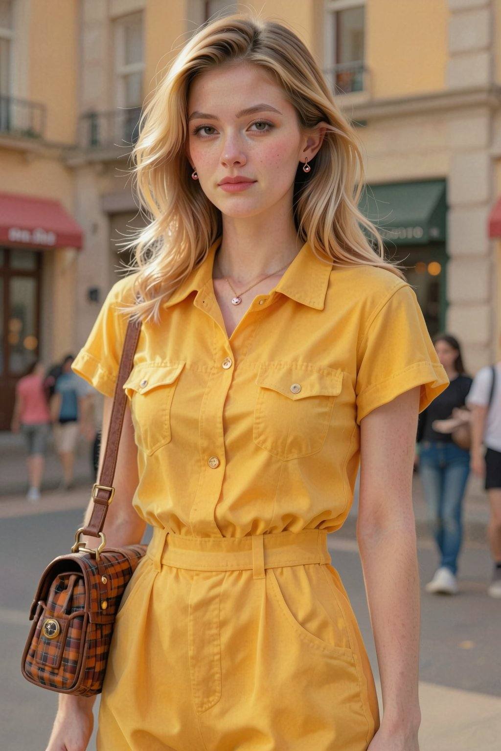 A photograph of a young,  Caucasian woman with fair skin and shoulder-length blonde hair,  styled in soft waves. She wears...