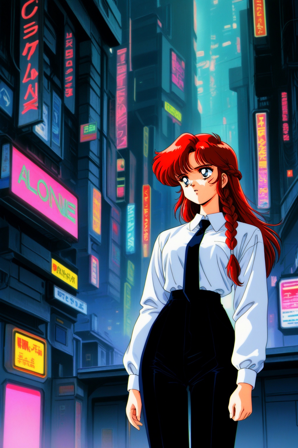 red hair,long hair,braid,white collared shirt,black necktie,black pants,1girl,solo,alone,retro_artstyle,retro,cyberpunk,standing,cyberpunk city background,