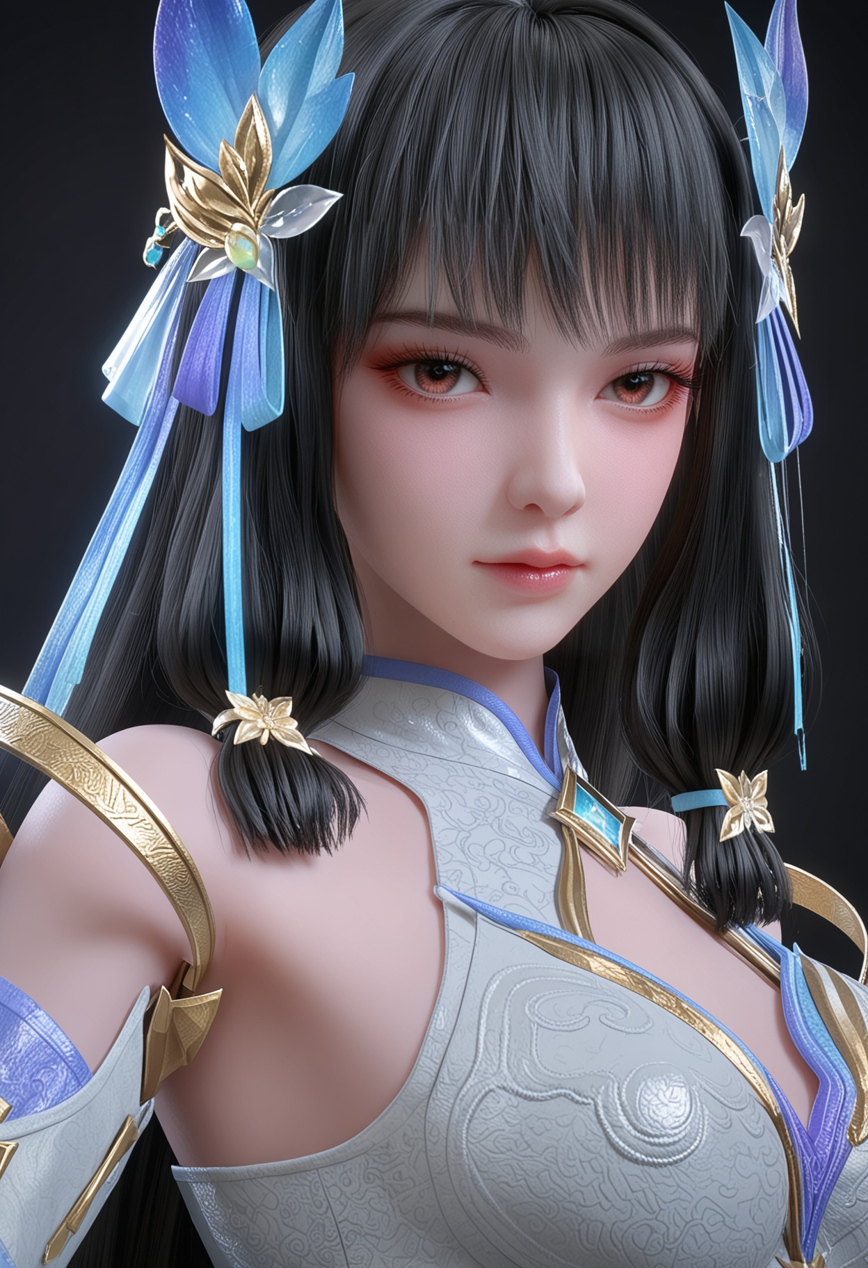 (upper_body:1.2),(looking at viewer:1.1),facing viewer,direct gaze,<lora:YQ_pony_yunluo_shangjiefuzhuang_V4:0.8>,1girl,solo,long hair,black hair,hair ornament,dress,detached sleeves,brown eyes,white dress,chinese clothes,blunt bangs,hair flower,sidelocks,hair ribbon,red eyes,butterfly hair ornament,black eyes,brown hair,jewelry,china dress,gloves,shoes,BREAK (white skin:1.1),(fair skin:1.1),(Ivory skin:1.1),(shiny skin),perfect anatomy,(simple background,pure black background,black background:1.1),