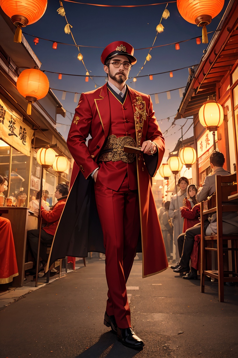 neo-chinese style, national tide, 1boy, facial hair, Hanfu, solo, male focus, red background, beard, mustache, robe, chinese clothes, new year costume, new year, sunglasses, hat, standing, full body, red theme,,(City street scene :1.2),(Lantern :1.2),(Lantern decoration :1.2),(Scene depth :1.3),(Blurred background:1.2),Big scene,30 degree view,New Year,New Year costume,hand fan,chair,holding,red shirt,Jacket,black shirt,round glasses,short hair,red background,crossed legs,simple background,hand fan,<lora:sdxl_National fashion:0.8>,masterpiece,best quality,