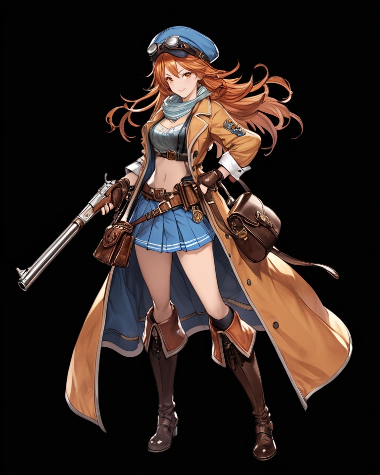 (best quality), ((masterpiece)), (highres), illustration, original, extremely detailed, <lora:JTのGame Character XL:0.7>1girl, weapon, gun, hat, solo, gloves, bag, fingerless gloves, long hair, full body, skirt, transparent background, goggles, orange hair, boots, orange eyes, long coat, smile, navel, antique firearm, midriff, belt, handgun, looking at viewer, striped, holding