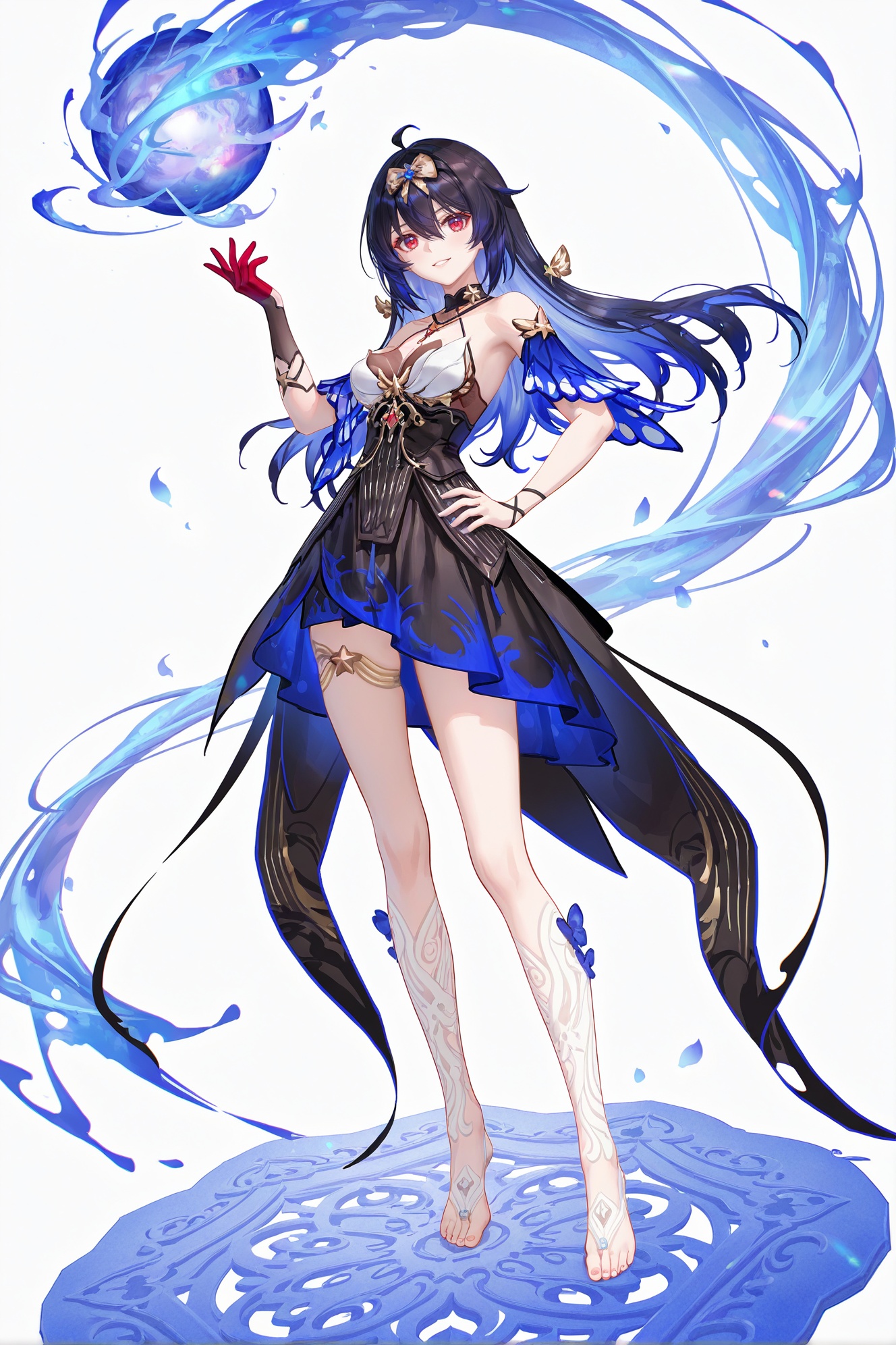 8k,best quality,masterpiece,(ultra-detailed),(high detailed skin),((artist:reoen),(artist:fuzichoco),(artist:atdan),(artist:torino_aqua),year 2024:0.8)1girl,[artist:wlop],[artist:ningen_mame],artist:ciloranko,[[artist:rhasta]],artist:tidsean,colorful,full body,full shot,standing,looking at viewer,(solo:1.2),simple background,(white background:1.2),hand on own hip,(white background:1.1),<lora:StarchasmNyx-ill-Tanger:0.85>,seele vollerei,blue hair,seele vollerei \(Magic Girl Seele\),clothes: black and white dress,multicolored hair,black hair,(Hair bow,Magic Girl Hair bow:1.2),1girl,red eyes,bangs,smile,Magic Girl White patterned open-toe socks,Magic Girl Asymmetrical gloves,hair between eyes,bare shoulders,