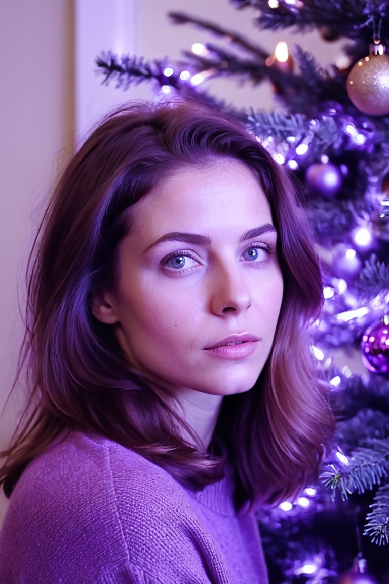 woman close up portrait,  Christmas tree near christmas fireplsce painting,  in the style of light violet and light purple...