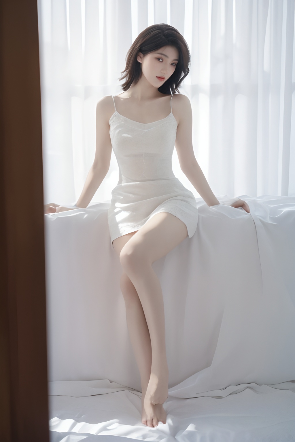 1girl, (best quality, masterpiece, ultra-high resolution, 4K, HDR, UHD, 64K,photograph), (photorealistic:1.3, realistic:1.3),depth of field, (curve: 1.2),exquisite eyes,elegant posture,(an extremely delicate and beautiful), (best quality), (masterpiece),intricate detail,The whole body,Graciously pose,Simple background,model pose,Bare feet,professional lighting,large aperturing,atmosphere,photorealistic,standing,<lora:sifang_20231118123505:0.6>