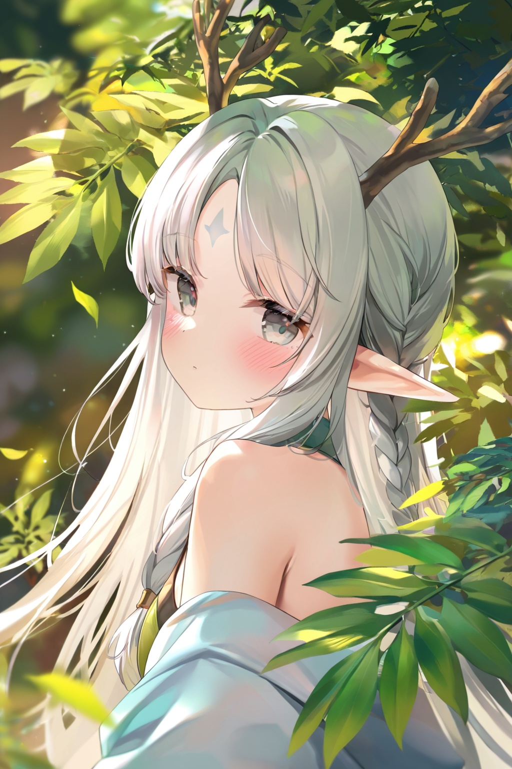1girl,solo,long hair,looking at viewer,blush,bangs,bare shoulders,upper body,braid,white hair,pointy ears,off shoulder,from side,looking to the side,grey eyes,leaf,facial mark,elf,forehead mark,antlers,