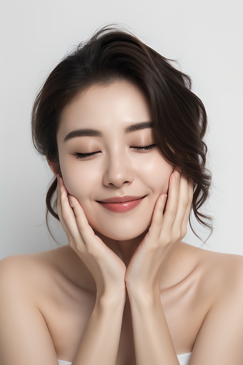 1girl, solo, smile, Disk hair, black hair, Portrait, bare shoulders, Front, Smile, closed mouth, realistic, hands on own face, white background, <lora:yiling_护肤美妆摄影:0.65>