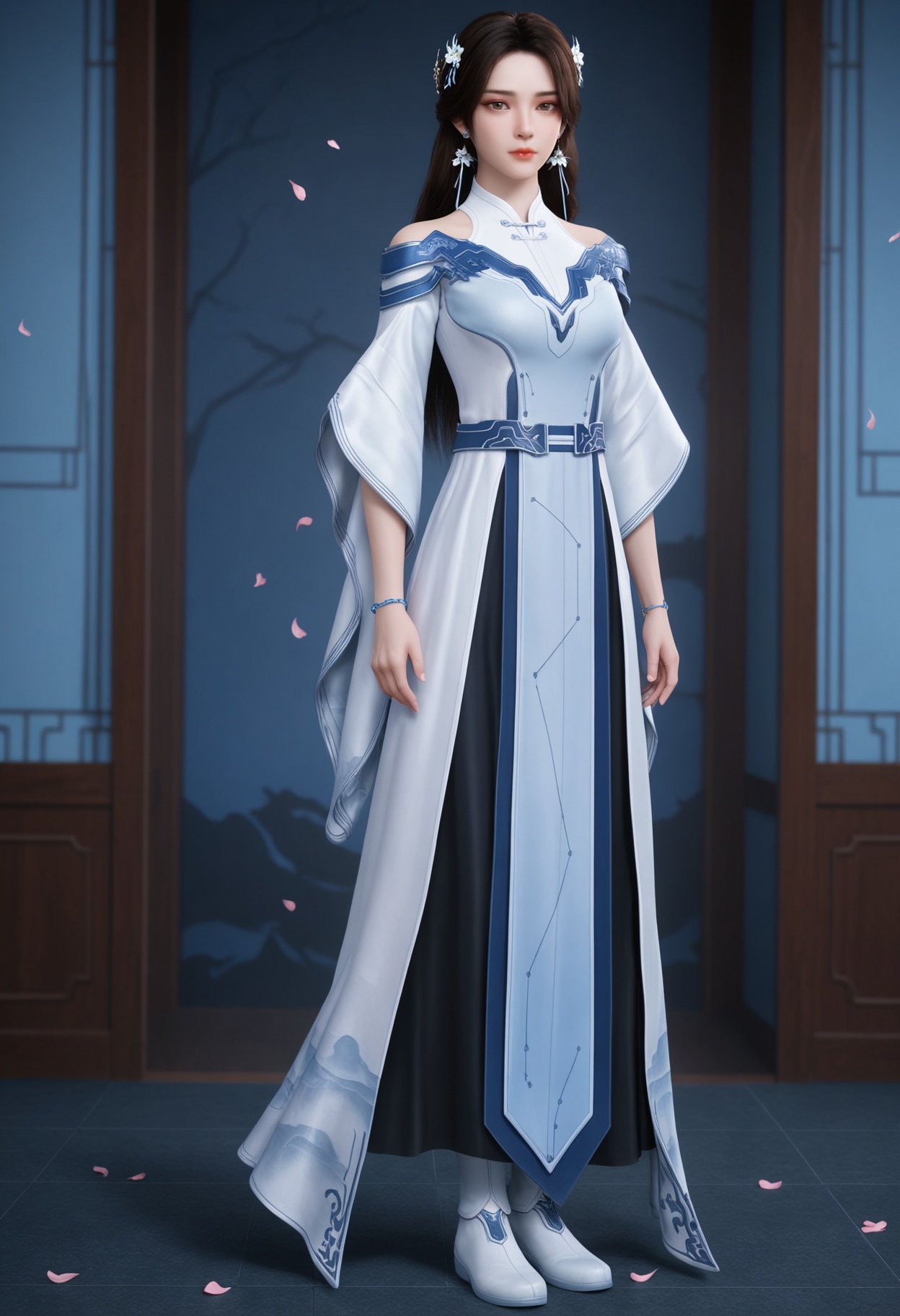 (standing full_body:1.1),(looking at viewer:1.1),masterpiece,(best quality),smog,Dark room,dim lighting,peach blossom,falling petals,<lora:YQ_Illustrious光辉v5_李小曼_V1:0.8>,q1528437228,1girl,solo,jewelry,dress,long hair,hair ornament,earrings,white dress,black hair,bracelet,brown hair,chinese clothes,white footwear,long sleeves,brown eyes,boots,blue eyes,wide sleeves,blue dress,grey footwear,hair flower,shoes,