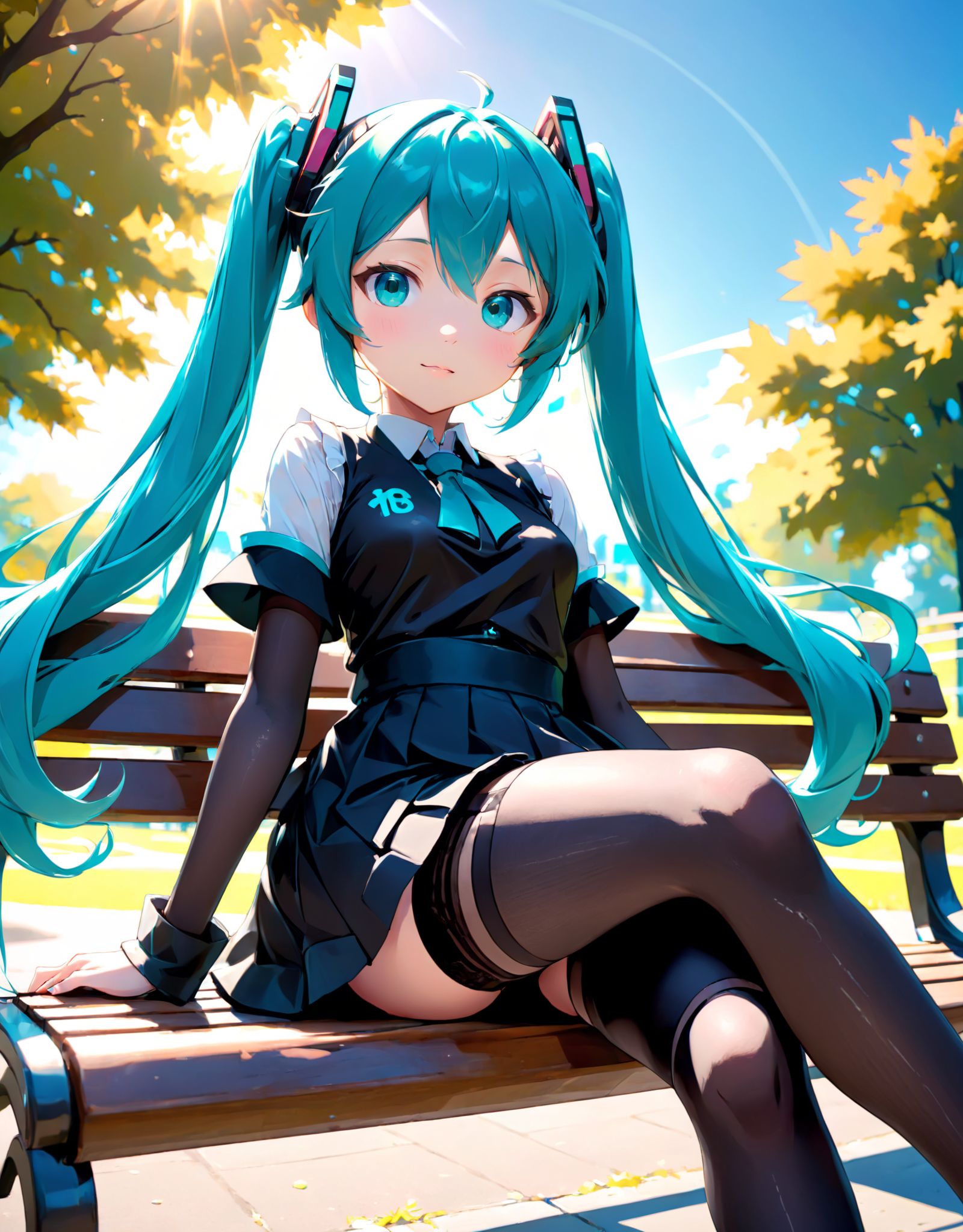 girl sitting on a park bench,  blue sky,  sun on Tensor.Art