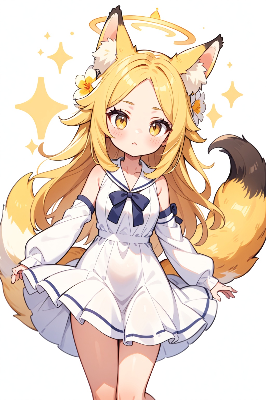 1girl,animal ears,white background,simple background,detached sleeves,fox ears,blonde hair,halo,long hair,looking at viewer,dress,yellow eyes,hair ornament,flower,white dress,forehead,white sailor collar,sleeves past wrists,bangs,tail,sailor collar,fox tail,sleeveless,blush,parted bangs,animal ear fluff,bird,hair flower,backlight,<lora:糖果森林_XL_LoRA_v1.1:1.3>,, masterpiece,best quality,very aesthetic,absurdres,