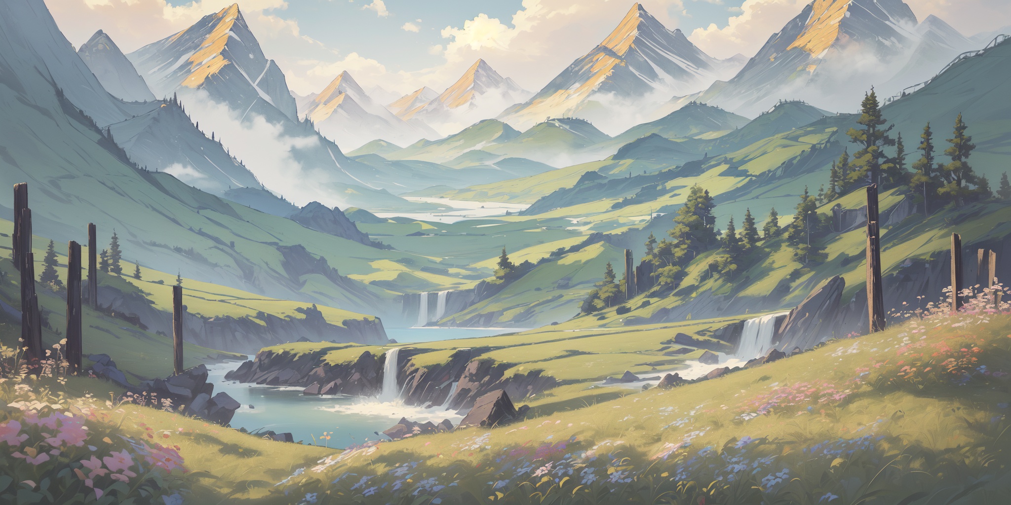 scenery,outdoors,light particles,beautiful detailed sky,beautiful detailed glow,best shadow,panorama,(Moorland, Mist, Stones, Ancient, History, Mystery, Serenity, Landscape:1.3),(Mountain waterfall, Picnic, Noontime sun, Cascading water, Fresh air, Relaxation:1.2),(Meadow flowers, Butterflies, Wildflower carpet, Springtime blooms, English landscape, Meadow breeze:1.1),(masterpiece, best quality, beautiful and aesthetic:1.3),extremely detailed CG,ultra-detailed,beautiful concept illustration,illustration,extremely fine and beautiful,perfect details,<lora:YOUHUA-000018:1>,oil painting \(medium\),