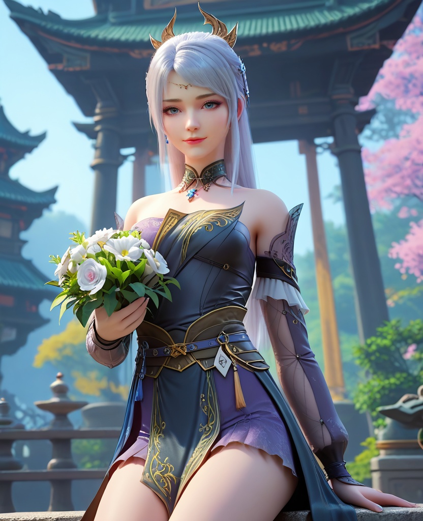 (oriental architecture, elegant decor, sophisticated style:1.1),Sitting on a park bench, holding a bouquet of flowers, with a smile of joy and gratitude,,(breasts:1.2),pelvic curtain,<lora:XL16大主宰洛璃:0.95>,miss luoli,purple short dress paired with black peplum overskirt,blue eyes,white hair,long hair,half-up ponytail with long cascading hair,hair ornament,detached collar,sash,, zPDXL2, score_9, score_8_up, score_7_up BREAK realistic, masterpiece,best quality, highly detailed,, zPDXL3, zPDXL2,zPDXL, zPDXLxxx, zPDXLrl,