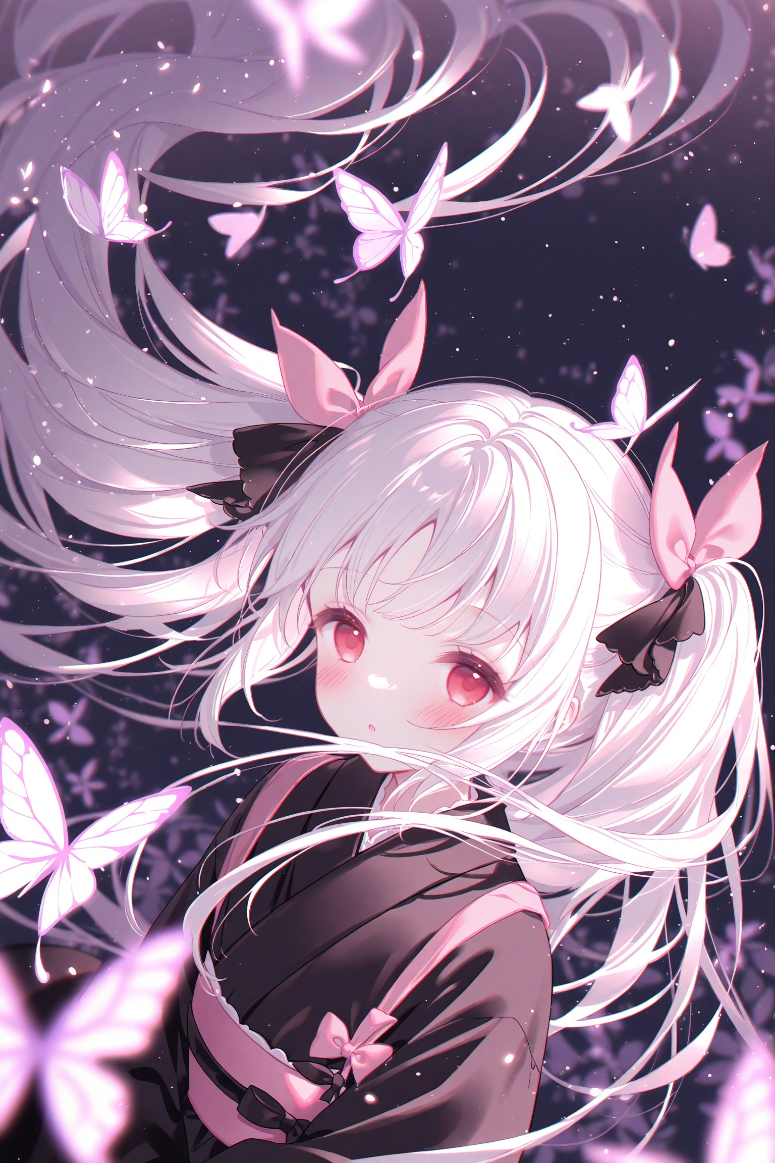 1girl, solo, long hair, looking at viewer, blush, bangs, red eyes, long sleeves, bow, twintails, very long hair, upper body, white hair, hair bow, parted lips, japanese clothes, kimono, blurry, :o, black dress, black bow, floating hair, depth of field, animal, bug, pink bow, butterfly, black kimono<lora:lp22:0.8>