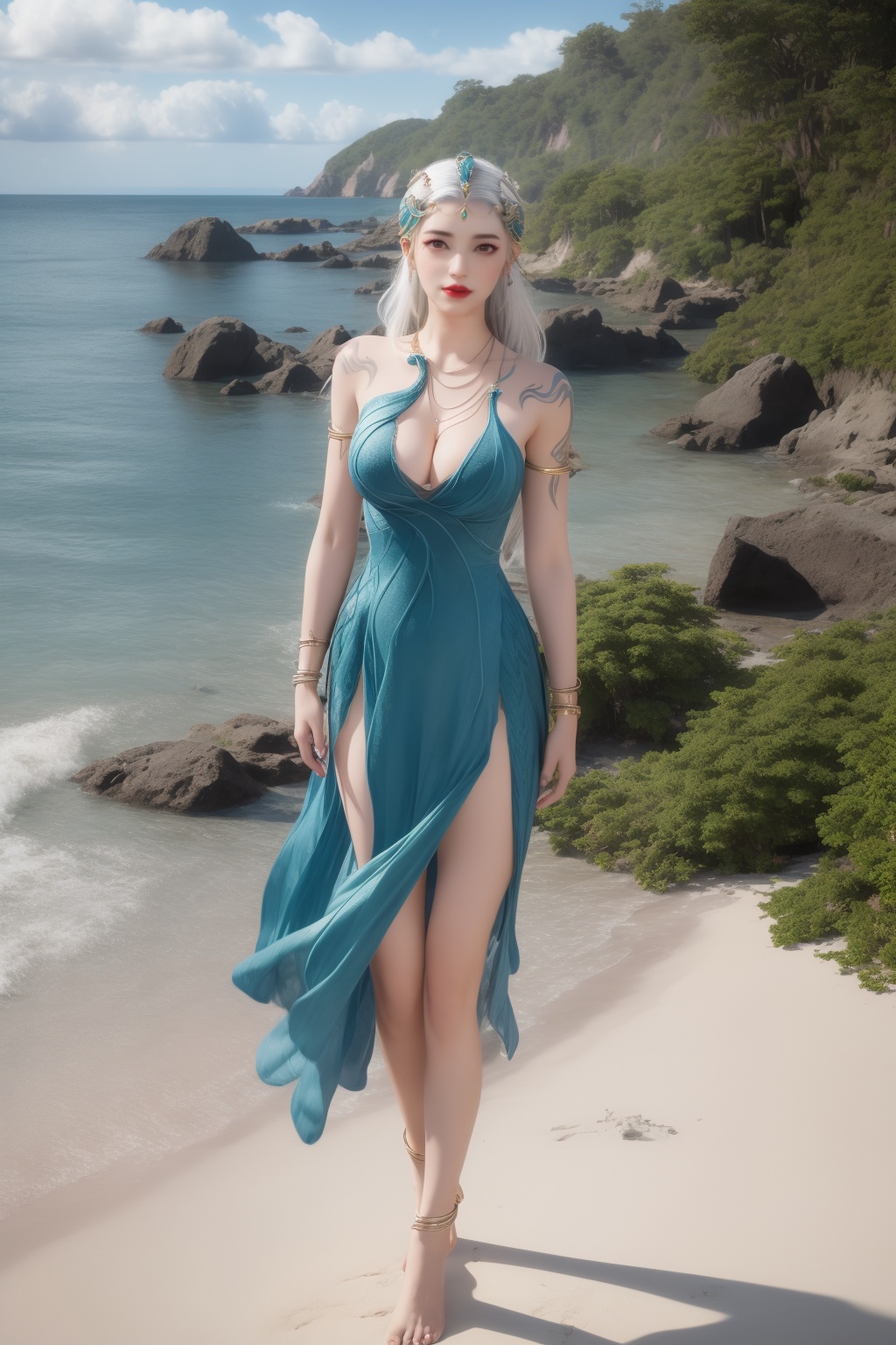 photo_\(medium\),(8k, RAW photo, best_quality),(masterpiece:1.2),(realistic:1.2),(photorealistic:1.3),(ultra-detailed),(extremely_detailed_cg_8k_wallpaper),(crystal_texture_skin:1.3),(shiny:1.2),(shiny_skin:1.4),(extremely_delicate_and_beautiful),shenfengQinYao,1girl,solo,blue dress,torogao,bouncing breasts,cleavage,armlet,tattoo,bracelet,standing,white hair,barefoot,anklet,jewelry,hair ornament,earrings,red lips,realistic,looking at viewer,summer,beach,sea,sunshine,<lora:shenfengQinYao_20240524201339-000005:0.7>,