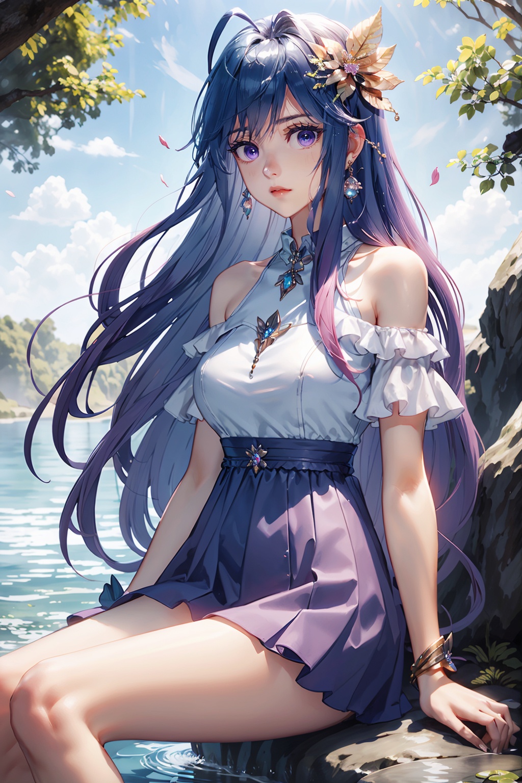 1girl,bare legs,water,dress,sitting,long hair,solo,rock,flower,outdoors,hair ornament,jewelry,bare shoulders,looking at viewer,purple eyes,thighs,tree,earrings,,<lora:jmai_20240512200337-0000010:0.7>