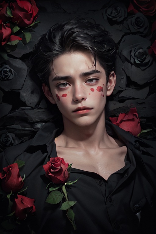 (1 boy:1.8),flower, (photography: 1.6), (masterpiece 1.2), (32k: 1.8), (many roses:1.8), looking at viewer, makeup, red lips, long hair, red flower, petals, (red rose: 1.0), brown Eyes, lips, collarbone, lipstick, there is a red spot on the face, (covered by roses: 1.2), lying on the ground, upper body,(wear black shirt:1.2),Cinematic quality,(There are red spots on the face, covered by roses:1.8),dim light,(melancholy style:1.8),(deep and dark environment:2) <lora:玫瑰少年_1.0:0.7>