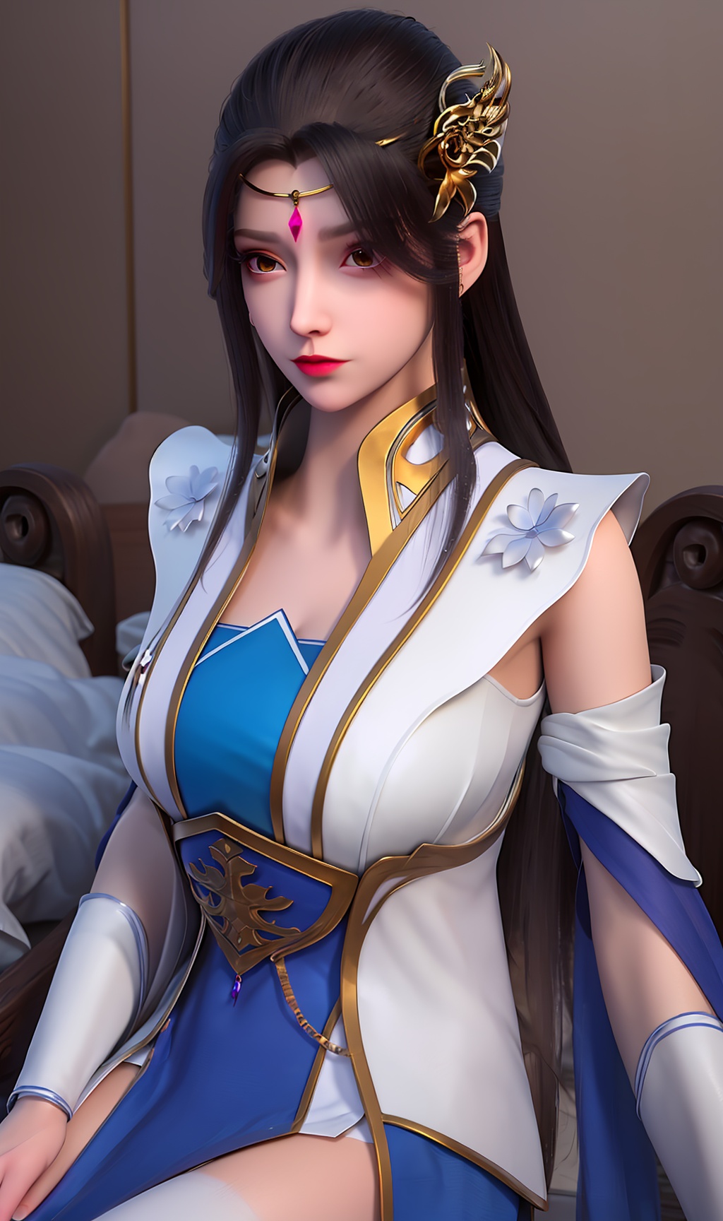 3D,masterpiece,(best quality),(makeup),official art, extremely detailed cg 8k wallpaper,((crystalstexture skin)), (extremely delicate and beautiful),(highly detailed),(face),(tiara),(collar),(tiara),(long_sleeves)(1girl), (solo), (jewelry), (earrings),(black_hair),(long_hair),(hair_ornament),(handwear),(breasts),(sitting),((upper_body)),(long_legs),(dress),(closed_mouth),(long_dress),(long_skirt),,(chinese_clothes),(multicolored_clothes),(multicolored_dress),(shiny_clothes),(city,indoor,bed),(wristband),,((looking_at_viewer)),((Facing the camera)),, <lora:hipoly3DModelLora_v10:0.3>