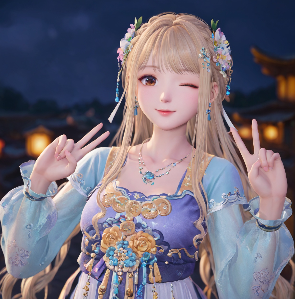 <lora:test1:0.65>,chinese clothes,1girl,jewelry,solo,blonde hair,long hair,hair ornament,necklace,dress,brown eyes,flower,long sleeves,hanfu,looking at viewer,hair flower,dark background,earrings,simple background,braid,cuteg,medium eyes,china architecture,festival,sideways glance,one eye closed,head tilt,v,naughty face,