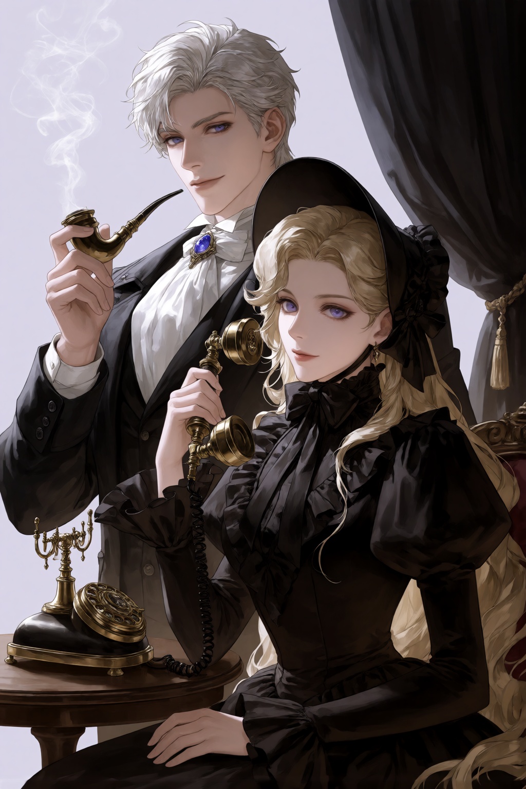 A detailed novel cover illustration,  An eye-level medium close-up depicting a white-haired man (blue eyes) smirking subtl...