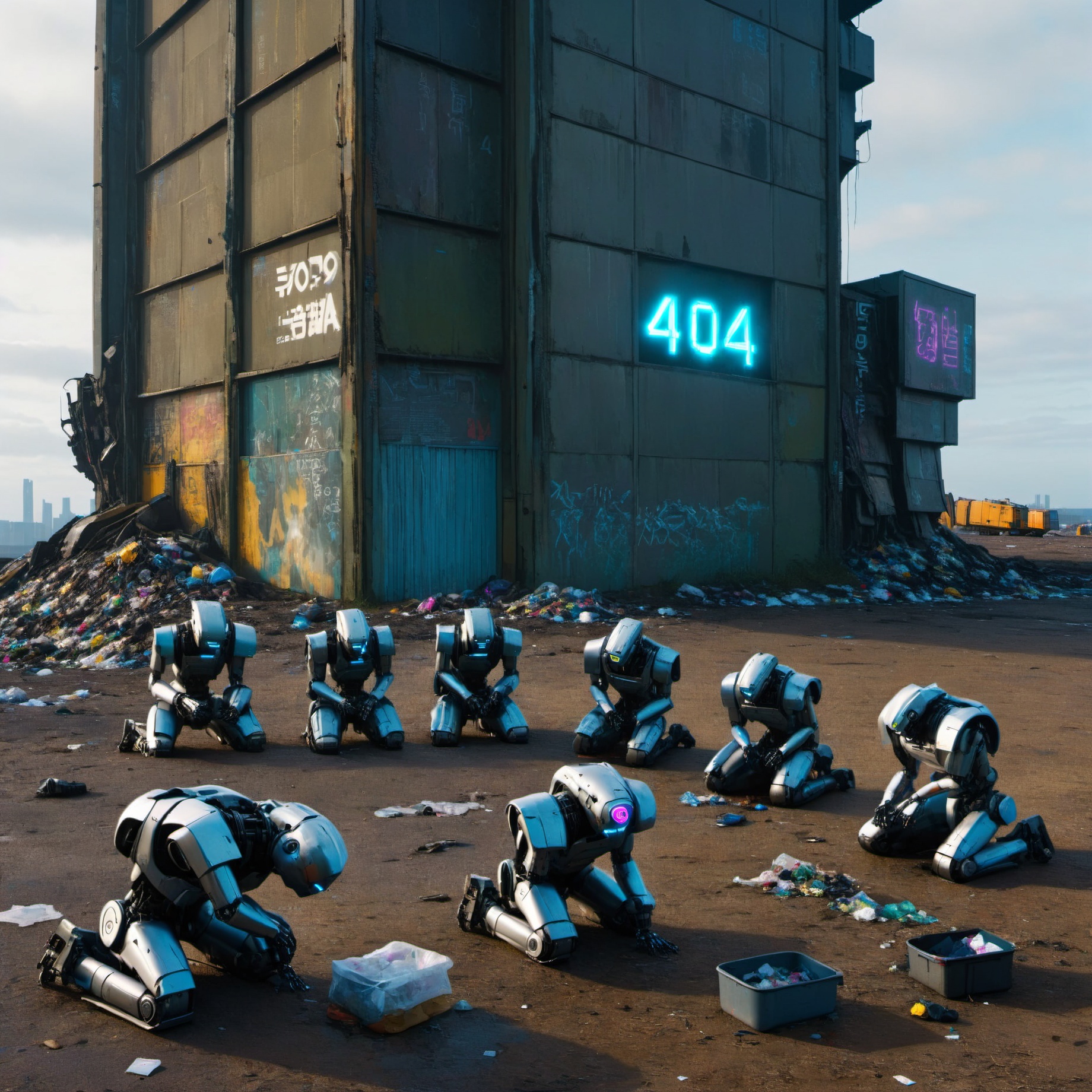 "404" text on a cyberpunk building,  Landfill,  Rubbish on Tensor.Art