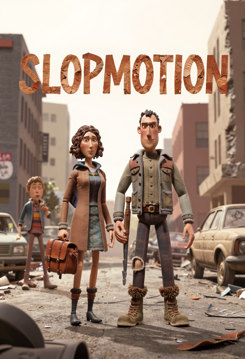 claymation,  the text "SLOPMOTION" centered prominently,  made of scraps of leather with thick on Tensor.Art