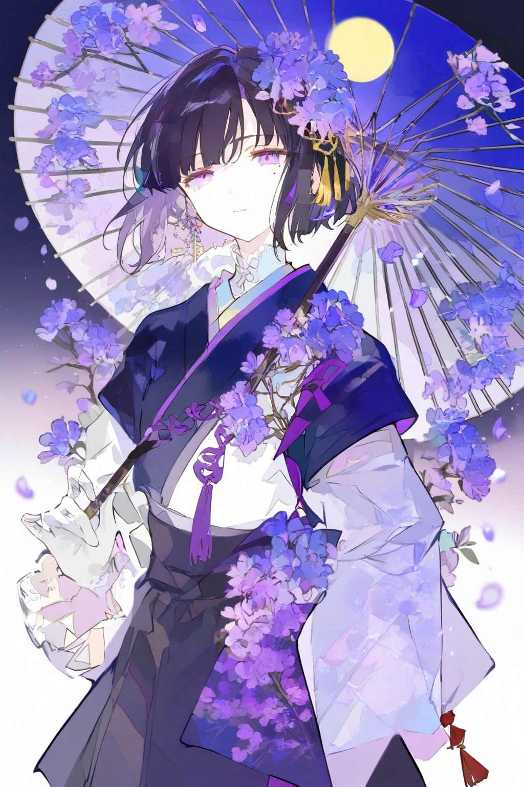 ezu,ezu,ezu,transparent,chiema,Tender,sailor Saturn(Tomoe Hotaru)with purple short hair,cut bangs,hold a paper umbrella,mole under eye,1girl,mole,upper body,petals,looking at viewer,hanfu,hair ornament,purple eyes,moon,cherry blossoms,japanese clothes,chinese clothes,flower,extreme aesthetic,masterpiece,best quality,good quality,quality,very awa,masterpiece,best quality,backlighting,{flashing black,shine noise},cowboy *****,broken heart,purple theme,depth of field,cinematic lighting,light particles,lens flare,masterpiece,best quality,good quality,newest very aesthetic,absurdres,extreme aesthetic,Visual impact,A shot with tension,ultra-high resolution,32K UHD,sharp focus,best-quality,masterpiece,Emotionalization,unconventional supreme masterpiece,masterful details,temperate atmosphere,with a high-end texture,in the style of fashion photography,(Visual impact:1.2),giving the poster a dynamic and visually striking appearance,impactful picture,official art,colorful,splash of color,movie perspective,masterpiece,best quality,amazing quality,very aesthetic,absurdres,best quality,newest,sfsk,