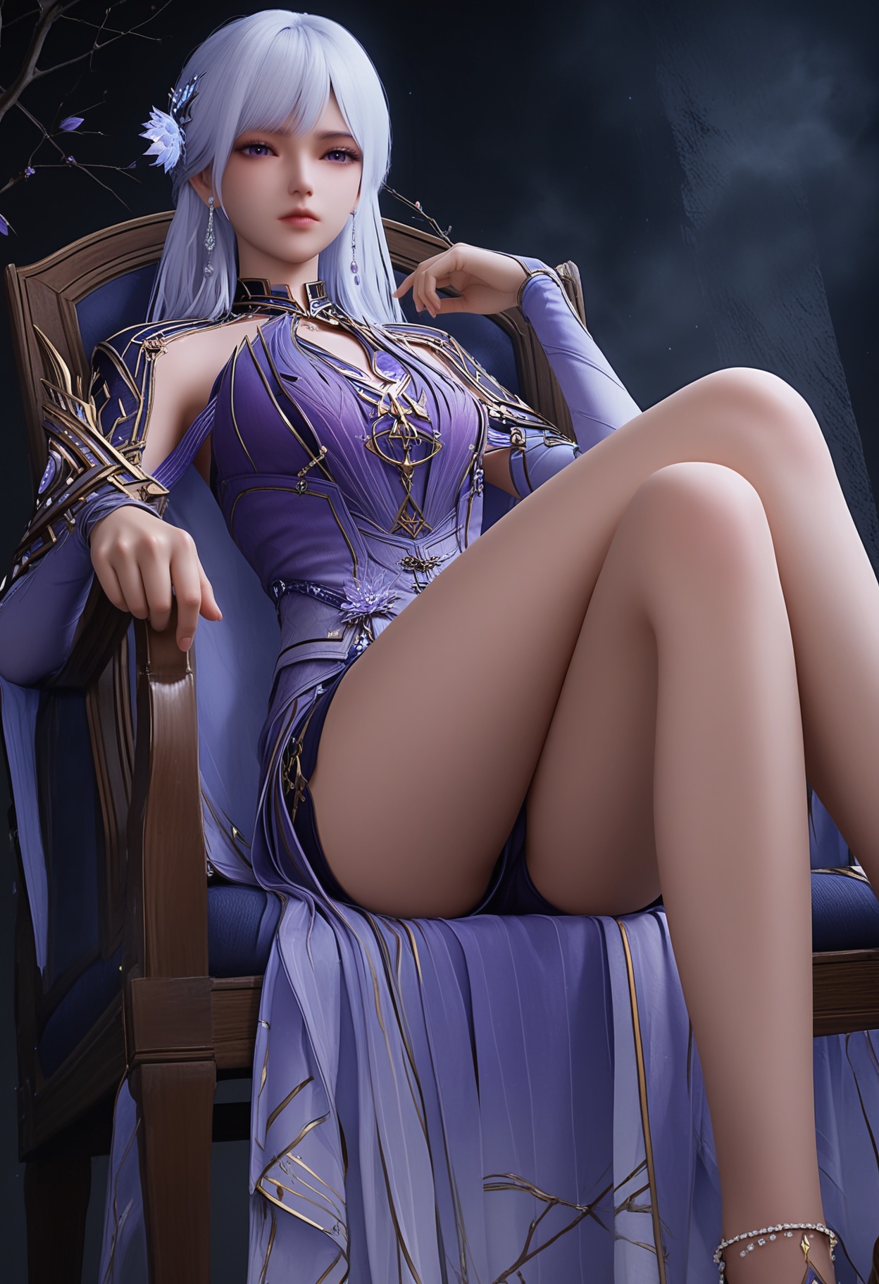 (score_9),masterpiece,best quality,absurdres,highres,<lora:Expressive_H-000001:0.85>,(white_skin),light_skin,disgust,jitome,BREAKcollarbone,<lora:彩儿-ill-000009:0.8>,caier,1girl,solo,long hair,hair ornament,jewelry,earrings,hair flower,purple eyes,white hair,chinese clothes,shoulder armor,belt,long dress,forearm sleeve,high heels,bare legs,shorts,looking at viewer,front view,sitting,chair,pov,from below,crossed legs,BREAKsimple background,black background,Tyndall effect,fog,branch,twig,