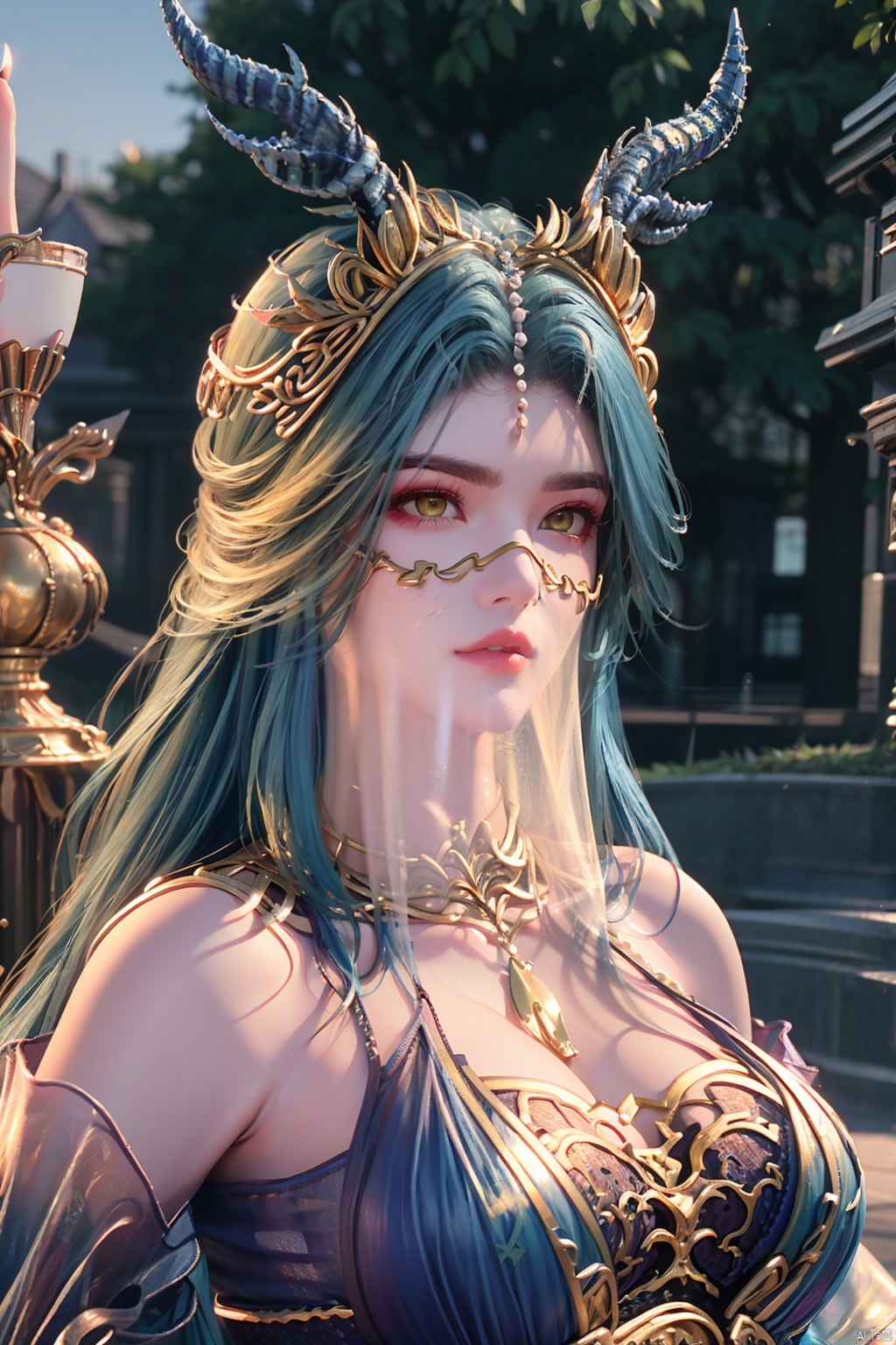 1girl, solo, long hair, looking at viewer, bare shoulders, closed mouth, blue hair, yellow eyes, upper body, horns, blurry, lips, blurry background, veil, realistic<lora:EMS-410555-EMS:0.800000>, <lora:EMS-346315-EMS:0.700000>