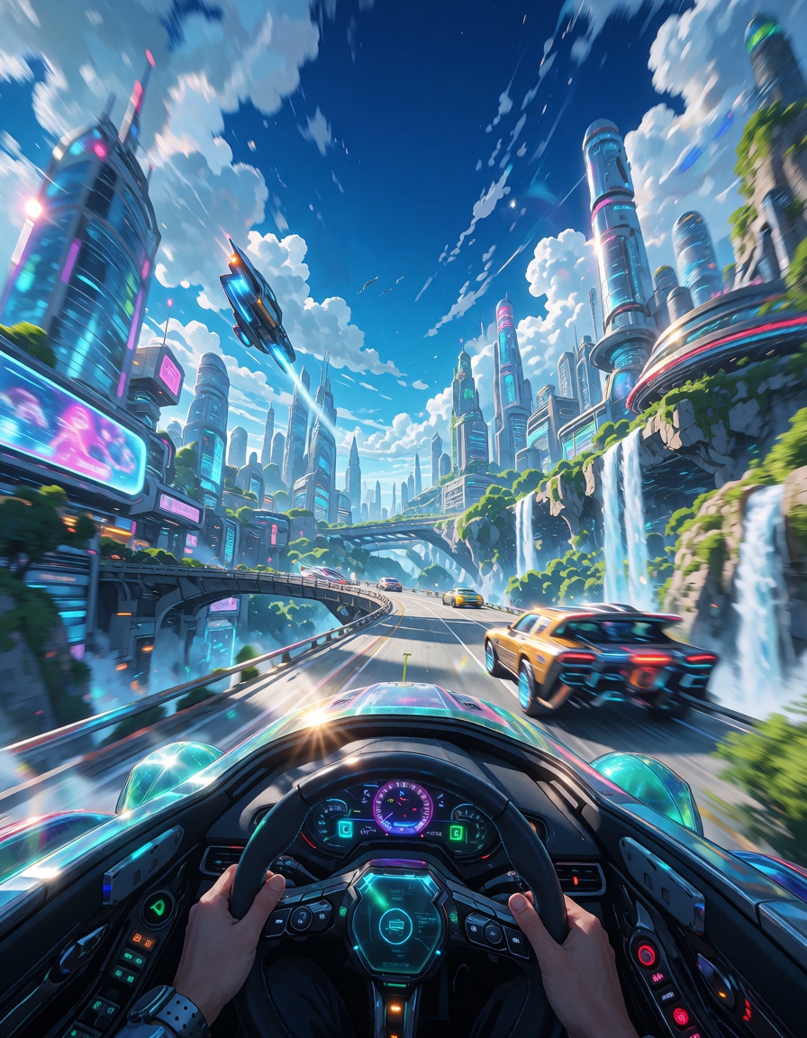 Preserve the reference image exactly. Static first-person POV from inside the futuristic hover car. The cockpit,  illumina...